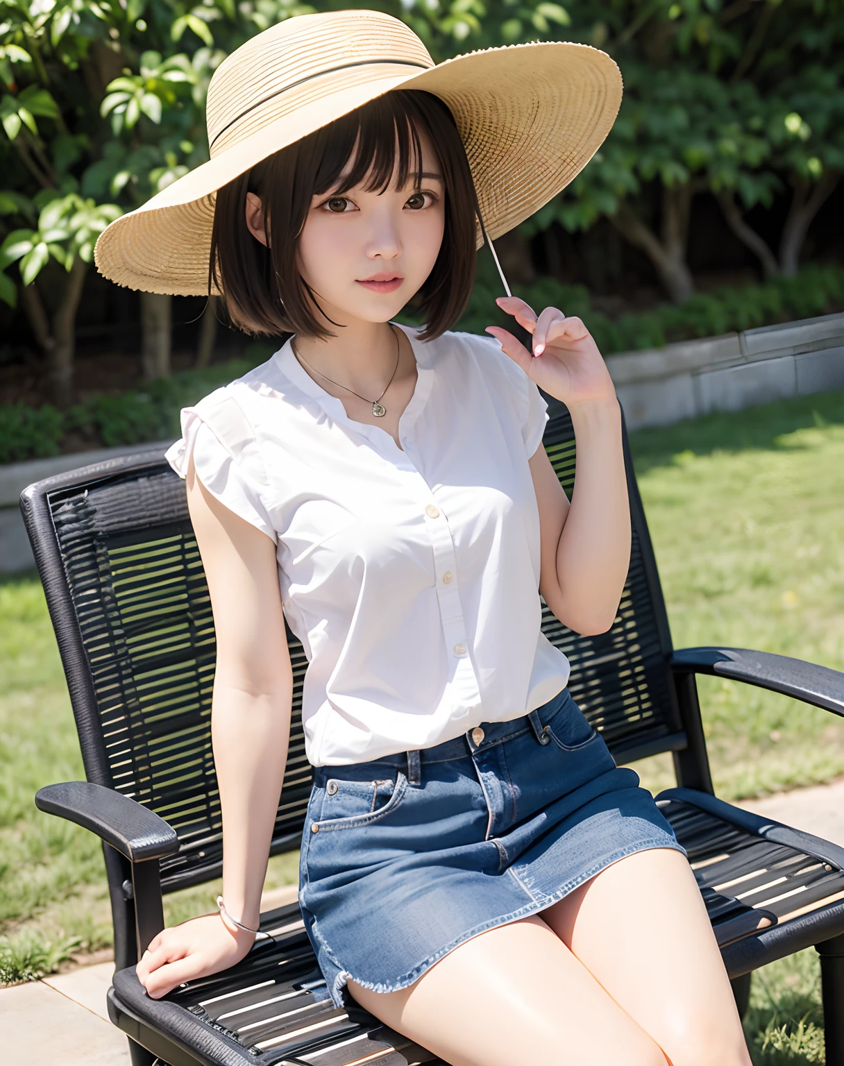 Summer barbecue、Woman sitting on chair wearing hat, fine white shirt, wearing a white button up shirt, in a white shirt, in a white shirt, Wearing a white shirt, wearing in shirt, Wearing a light shirt, digital art of an elegant, Wearing a blouse, wearing elegant casual clothes, Wearing a white blouse, White shirt、Denim miniskirt、Small bust、short-hair、a necklace、耳Nipple Ring