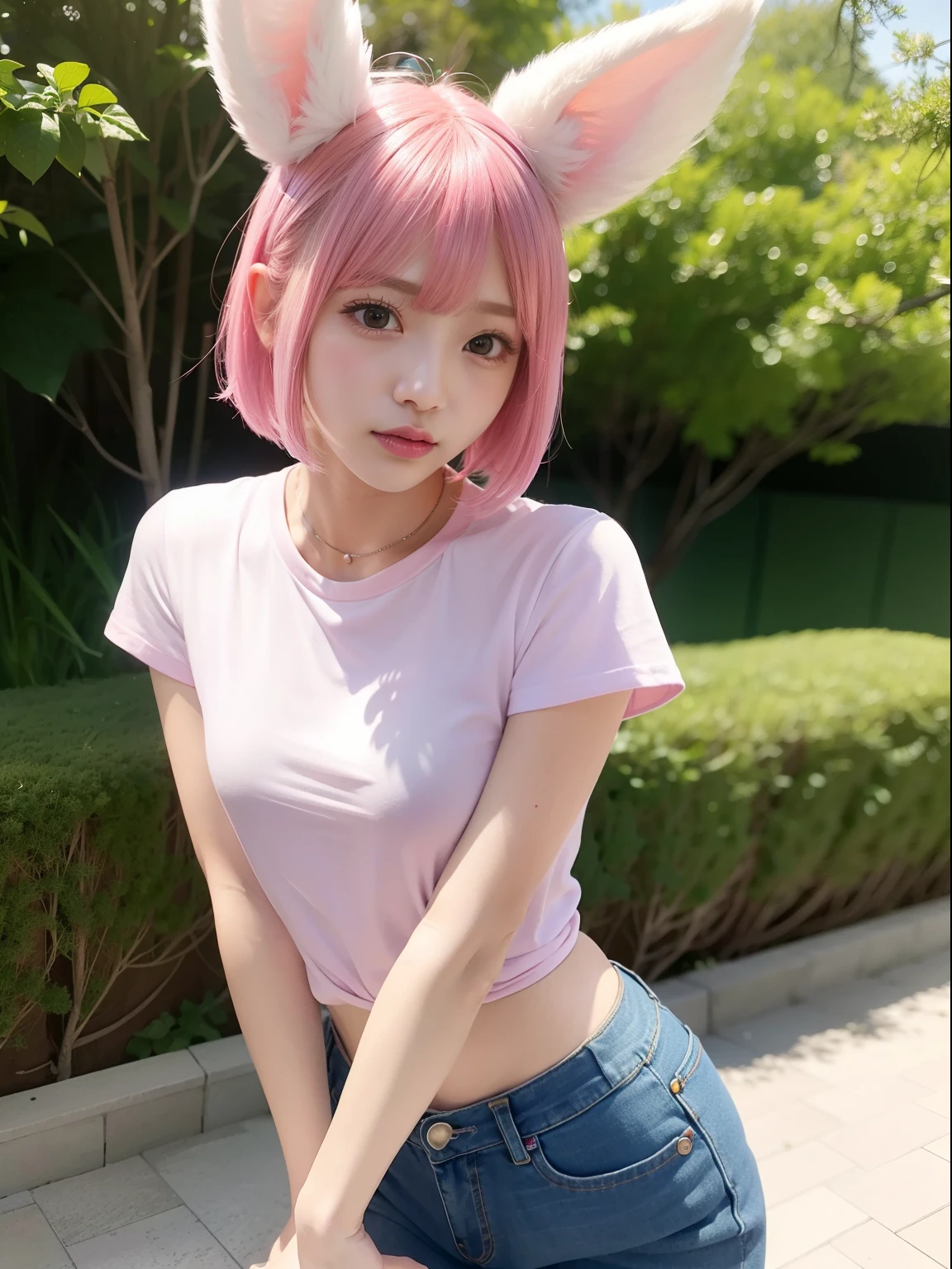 Smaller T-shirt、Tight jeans、Pink Shortcut Bob、Realistic rabbit ears、Realistic ears of rabbits sticking out of the head、Pink hair、Bewitching atmosphere、Beautiful shaped hands、K-POP、Pink rabbit ears、1 girl in、独奏、masterpiece、top-quality、realisitic、Hyper-detailing、(Glossy skin:1.4)、absurderes、short pink hair、Slender beauties、动态照明、hight resolution、foco nítido、depth of fields、(thick thight:1.0)、A slender :1.2、((Short-cut bob hair))、((k pop:1.3))、Highly detailed facial and skin texture、((魅惑的))、Anatomically correct number of fingers、Correct anatomy、