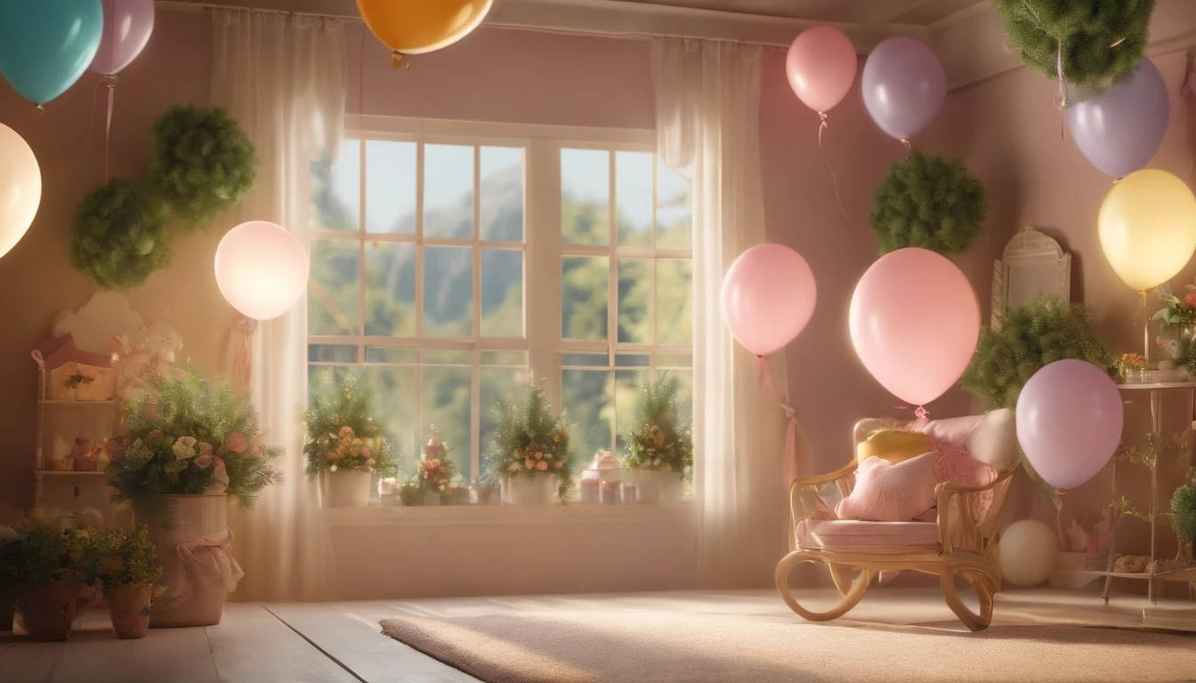 (best quality, 4k, highres, masterpiece:1.2), ultra-detailed, realistic:1.37, baby shower backdrop, vivid colors, professional lighting, delicate pastel hues, soft and dreamy atmosphere, adorable themed decorations, cute and whimsical patterns, happy and joyful celebration, fluffy clouds and floating balloons, beautiful flowers and greenery, comfortable seating area, cozy and warm lighting, an inviting and magical ambiance, memories and laughter, pure bliss
