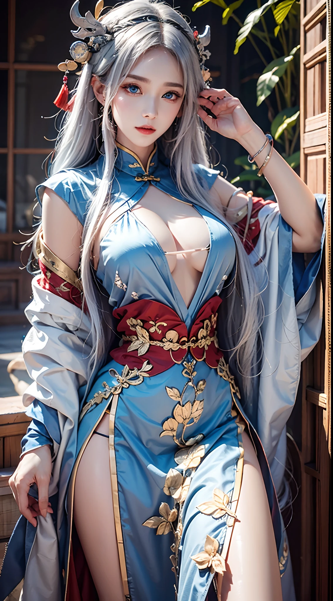 photorealistic, masterpiece, high resolution, soft light, mature female, silver hair, blue eyes, hips up, jewelry, xianxia, gorgeous purple hanfu, headdress