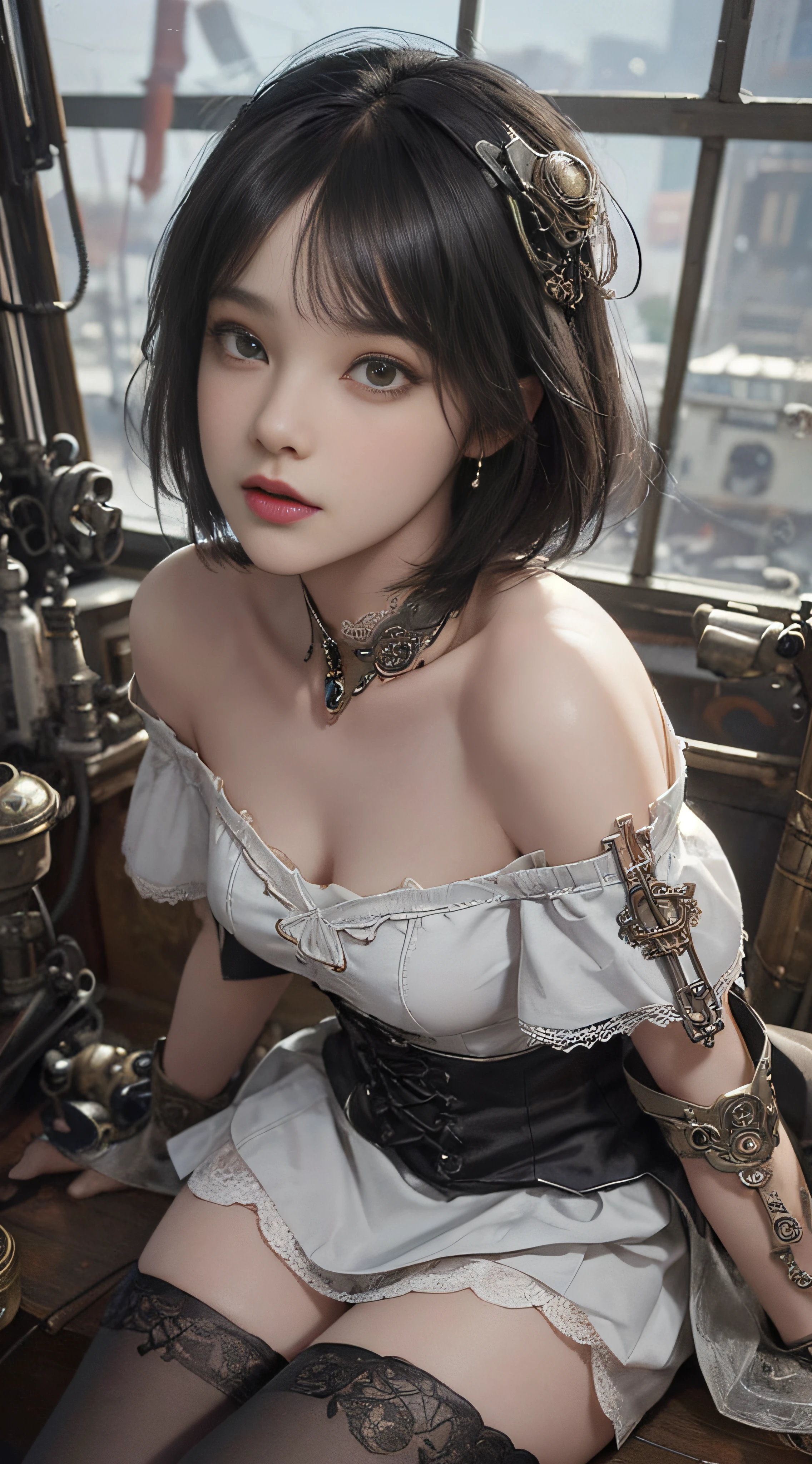 (((Masterpiece, top quality, super detailed))), One female, (((Very Slender body))) , (((Long, thin legs))), (((short black bob, thick puffy bangs ))), (((very detailed face))), cosmetics-free, small thin nose, small thin-lipped mouth, (((very sharp focused eyes))), large slit precision pale grey eyes, sparkling like jewels, Long eyelashes, ((Very decorative intricate mechanical steampunk fashion, Lace Flared mini skirt, Lace stockings above the knee, Lace Off-shoulder ta fashion, Overly decorative fashion)), The night an abandoned, intricately mechanized steampunk factory burns and explodes, (((overall accuracy has improved dramatically, creating a super detailed and realistic image))), Super realistic photo.