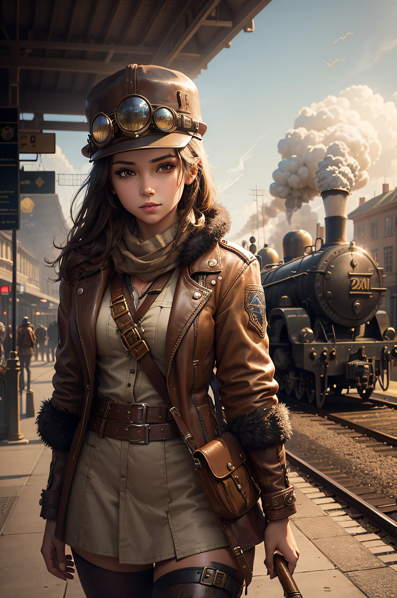 1 girl,  aviator hat ,   solo,   steam punk, train station,  , steam, smoke, masterpiece, highly detailed,HDR,8k resolution, best quality,