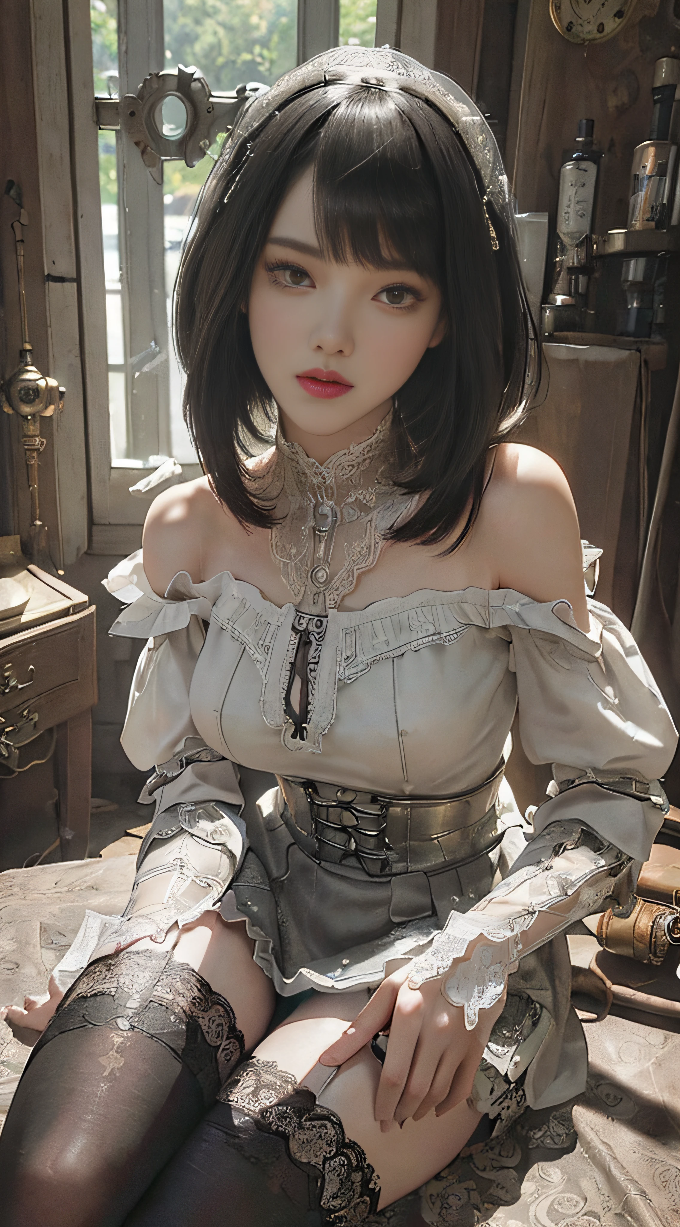 (((Masterpiece, top quality, super detailed))), One female, (((Very Slender body))) , (((Long, thin legs))), (((short black bob, thick puffy bangs ))), (((very detailed face))), cosmetics-free, small thin nose, small thin-lipped mouth, (((very sharp focused eyes))), large slit precision pale grey eyes, sparkling like jewels, Long eyelashes, ((Very decorative intricate mechanical steampunk fashion, Lace Flared mini skirt, Lace stockings above the knee, Lace Off-shoulder ta fashion, Overly decorative fashion)), The night an abandoned, intricately mechanized steampunk factory burns and explodes, (((overall accuracy has improved dramatically, creating a super detailed and realistic image))),  Super realistic photo.