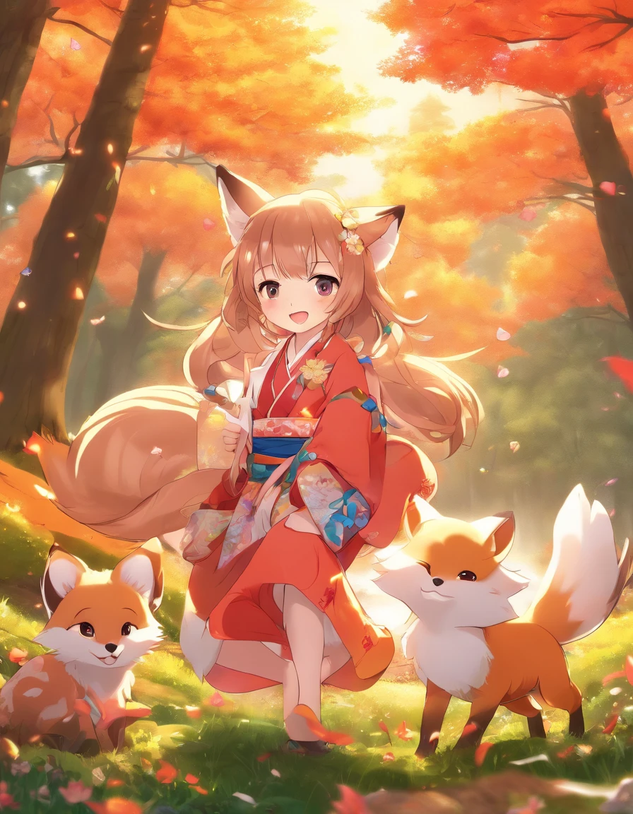 Two-shot photo of a girl and Fox,(Fox with four imaginary tails:1.3),(Yokai Four-Tailed Heavenly Fox Fantasy,),(With a girl bent down deep in the forest and looking up,Fox Yokai Four-Tailed Heavenly Fox Protecting a Girl's Back Two-Shot Movie Poster), (natural soft light.)(Sunlight,),(The sun shines through the trees),(Professional Lighting), (glossy light brown and orange two-tone color,),(Wave Shortcut Hair,disheveled hair,poneyTail),japanese kimono,Geta,Cute round face red lipstick,A cute smile that makes the viewer happy, autumn forest,Strong winds that make dead leaves soar upwards,digital illustration, (Photorealsitic:1.3),(Raw photo.), (masutepiece,top-quality,Ultra-high resolution output image,) (The 8k quality,),(Image Mode Ultra HD,),(Image Mode Ultra HD,),(SeaArt2 Mode.1:1.3,),Japan Anime Fantasy,