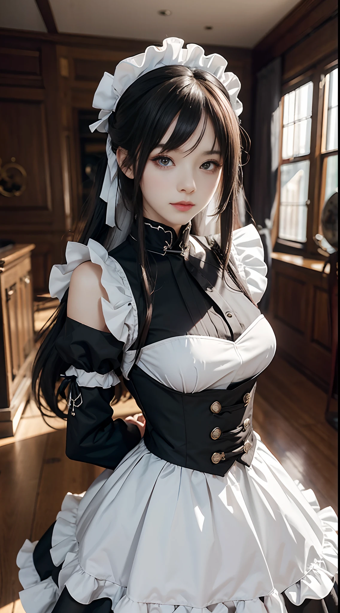 A beautiful woman around 25 years old, with 400-fold silver long hair that reaches down to the knees, a black ribbon tied next to the ear, hair that is neck-length on the sides, beautiful white skin, natural bangs, thin silver eyebrows, red eye in the right eye, a silver three-prong necklace, blue eye in the left eye, a glamorous figure, a blouse with a white collar, a black maid outfit that is open to the chest and has black short sleeves and three tiers of frills that reach the knees, three black ribbons vertically on the maid outfit, black arm covers, white stripes 5cm apart horizontally on the arm covers, the skin on the arms can be seen through the gaps, black long boots that reach up to the knees, two gold lines around the calves of the boots, the style of the demon lord Luminas from That Time I Got Reincarnated as a Slime, high definition, 8k image, background is inside an ice castle, please create an AI image prompt in English within 500 characters.