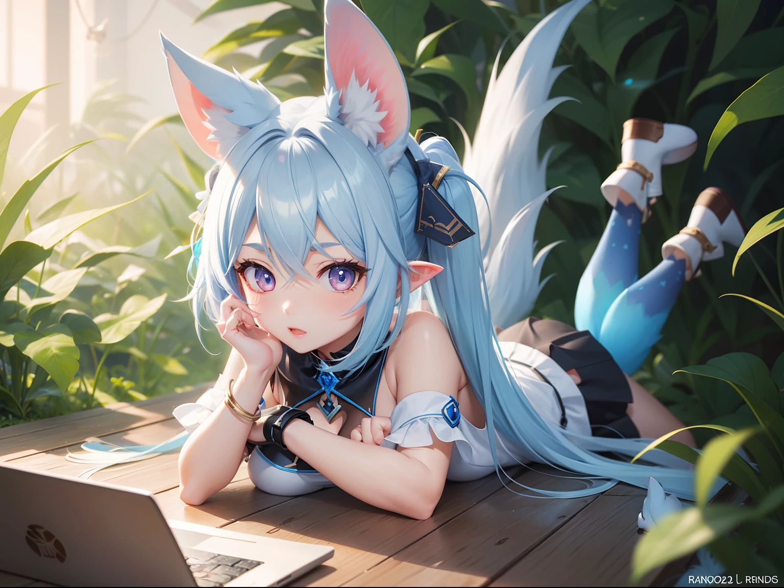 White-eared long-eared rabbit、I'm with a girl with long blue hair and a chibi character。It is a sexy and cute costume in white and blue。Dark eyes。Adorable Digital Painting, cute detailed digital art, the squirrel king, Cute digital art, cute cartoon characters, cute character, CuteCreatures, Cutie, official illustrations, Official art, squirrel, maplestory mouse, astri lohne, cute 3d render