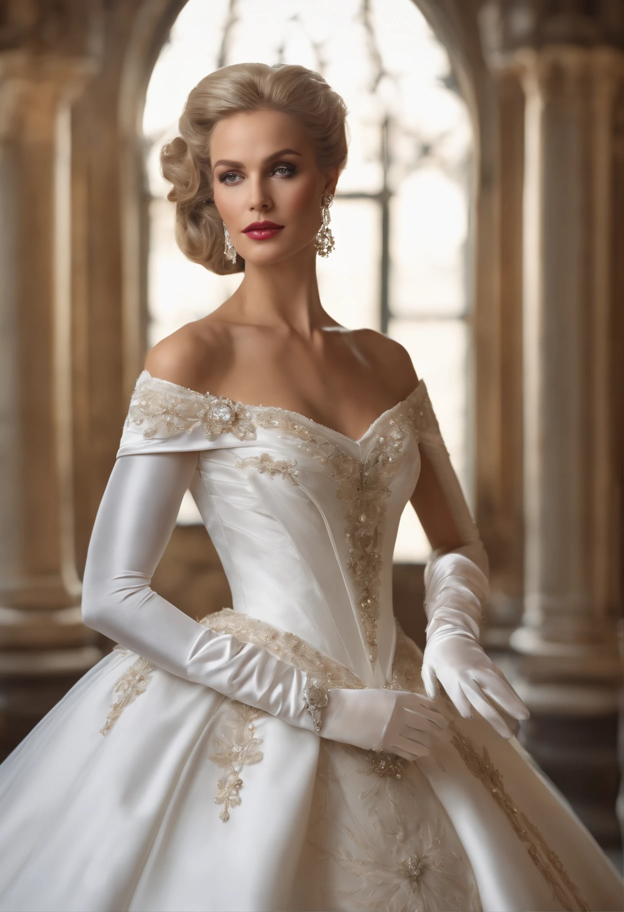 Best quality, Masterpiece, The noble queen wore a solemn and exquisite royal wedding dress in white satin tulle,Wear extra-long white gloves,Decorated with a huge ribbon bow, Embroidery and jewelry, Hourglass waist and voluminous Crinoline hoop skirt, white long gloves, pearl necklace and earrings, Long, Straight blonde hair