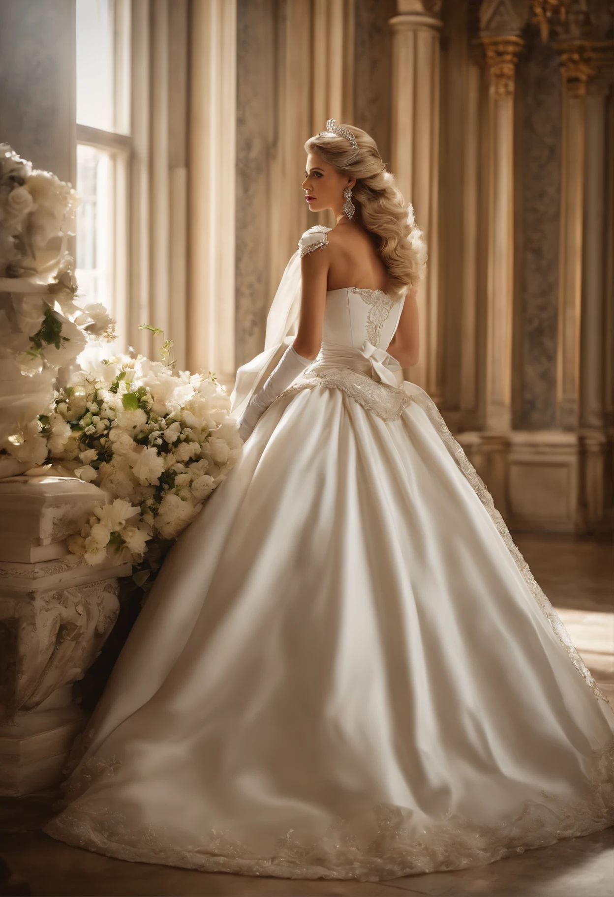 Best quality, Masterpiece, The noble queen wore a solemn and exquisite royal wedding dress in white satin tulle，Wear extra-long white gloves，Decorated with a huge ribbon bow, Embroidery and jewelry, Hourglass waist and voluminous Crinoline hoop skirt, white long gloves, pearl necklace and earrings, Long, Straight blonde hair