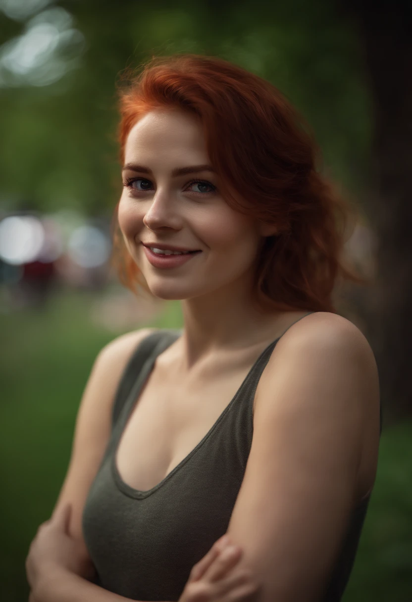 best quality, ultra high res, 1girl, solo, bareface, glowing eyes, red eyes, red hair, smile, sleeveless red button shirt, night, in the park, ((upper body)), ((puffy eyes)), (((looking at viewer))), ((closeup)),