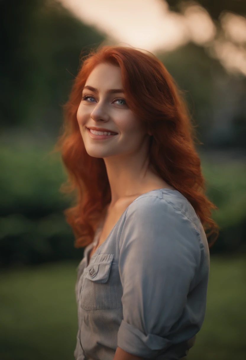best quality, ultra high res, 1girl, solo, bareface, glowing eyes, red eyes, red hair, smile, sleeveless red button shirt, night, in the park, ((upper body)), ((puffy eyes)), (((looking at viewer))), ((closeup)),