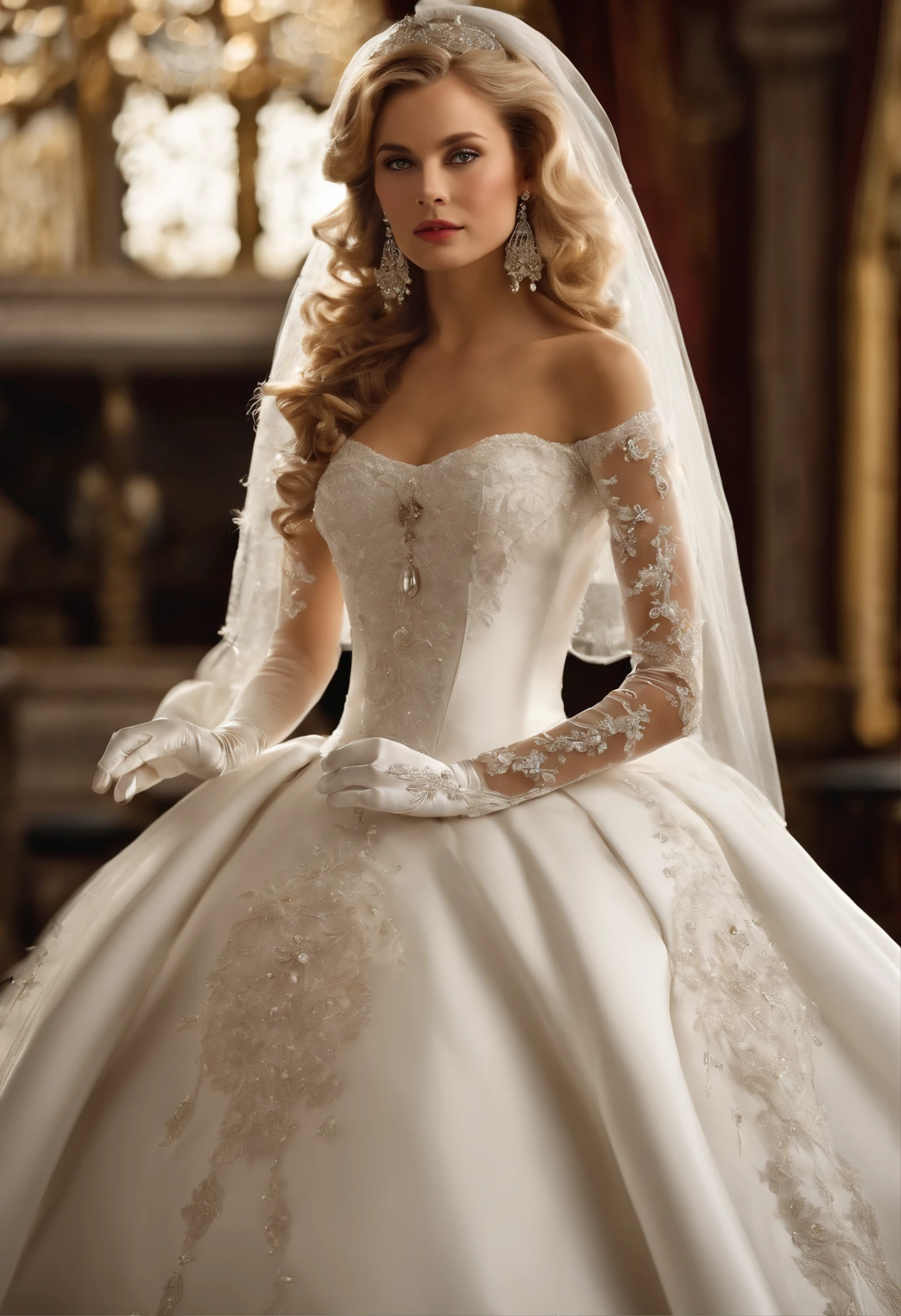 Best quality, Masterpiece, The noble queen wore a solemn and exquisite royal wedding dress in white satin tulle,Wear extra-long white gloves,Decorated with a huge ribbon bow, Embroidery and jewelry, Hourglass waist and voluminous Crinoline hoop skirt, white long gloves, pearl necklace and earrings, Long, Straight blonde hair