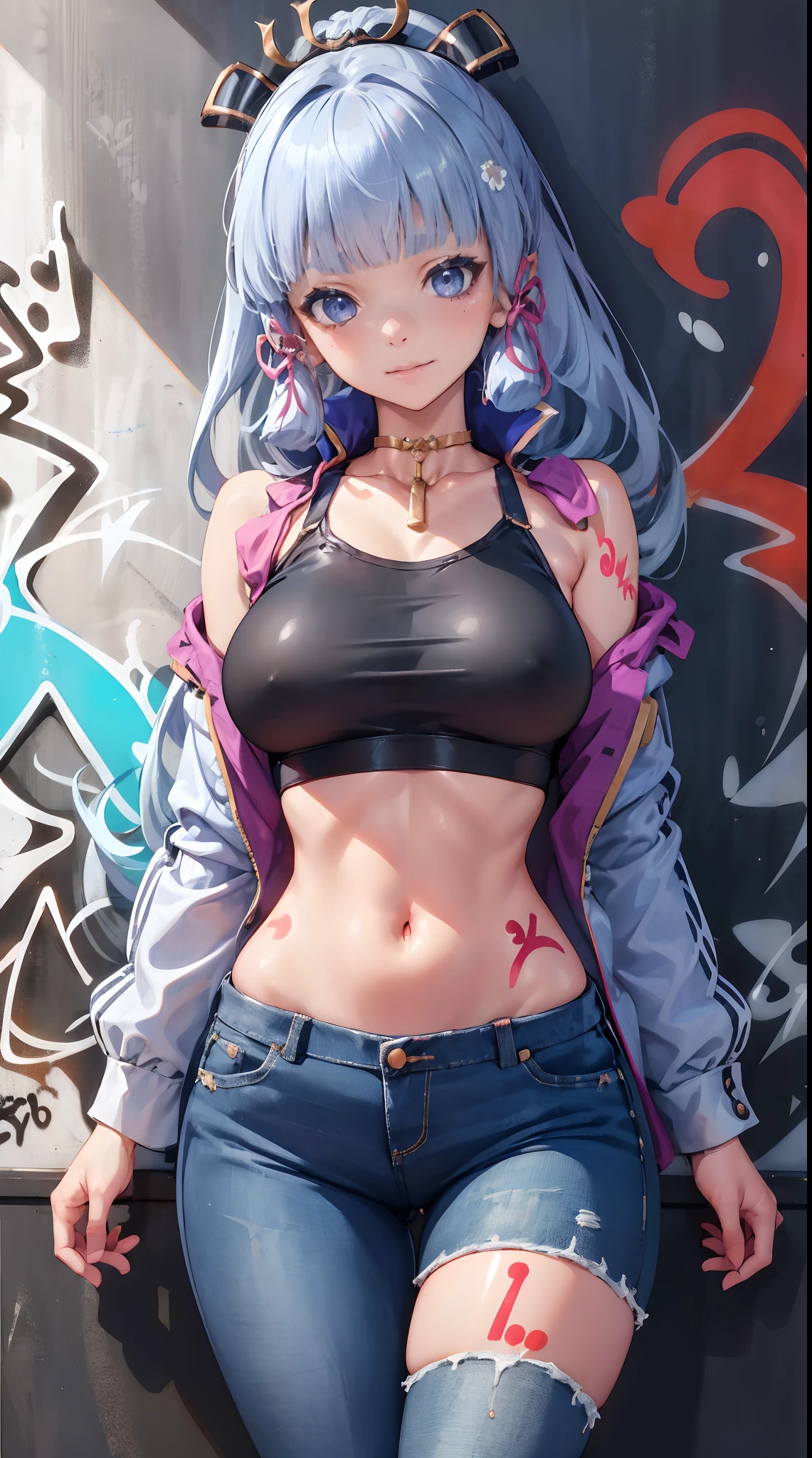 kamisato ayaka|genshin impact, master-piece, bestquality, 1girls,25 years old, Twintail Hairstyles, proportional body, crop top, Long Jeans, oversized breasts, ,bara, crop top, shorts jeans, choker, (Graffiti:1.5), Splash with purple lightning pattern., arm behind back, against wall, View viewers from the front., Thigh strap, Head tilt, bored,