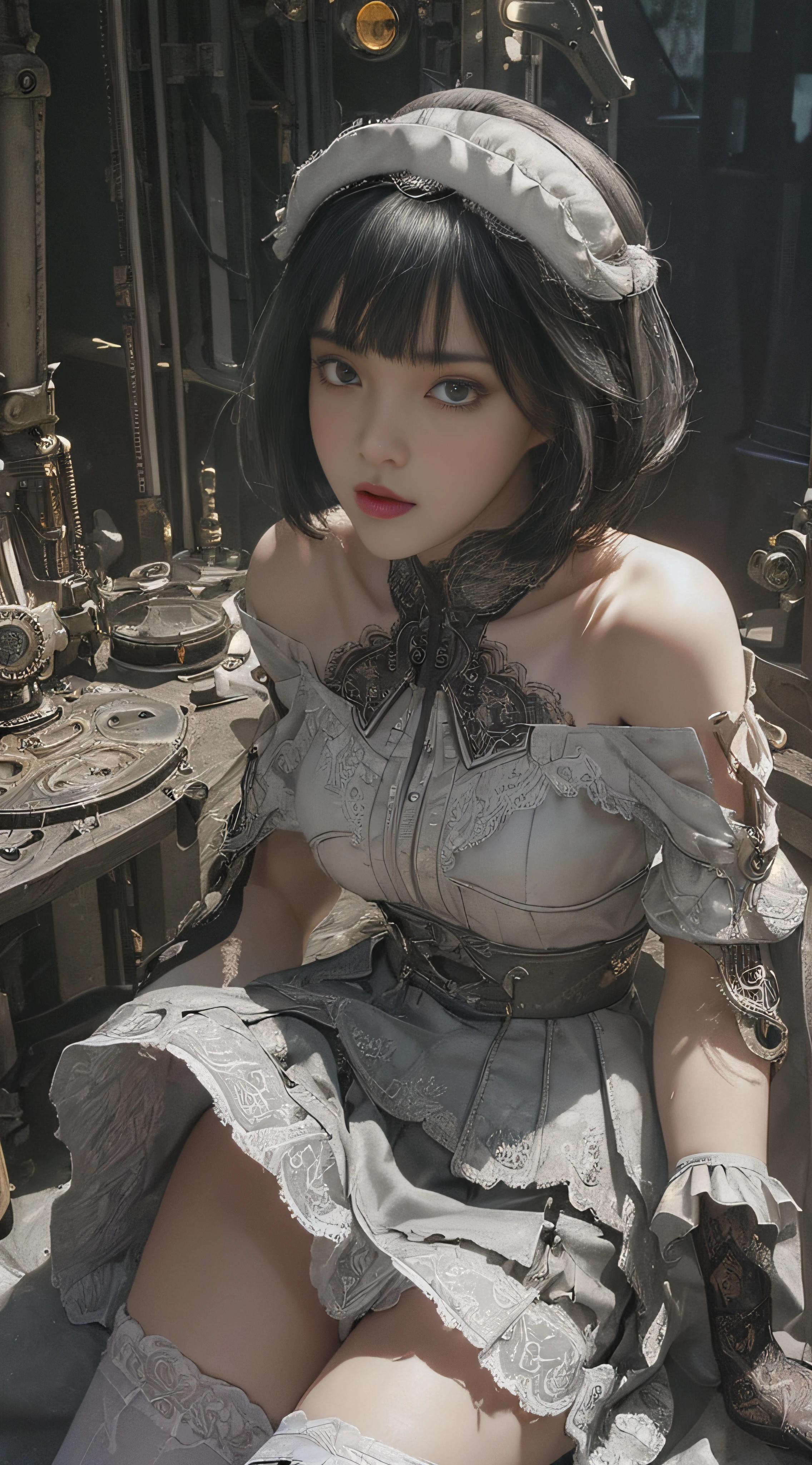 (((Masterpiece, top quality, super detailed))), One female, (((Very Slender body))) , (((Long, thin legs))), (((short black bob, thick puffy bangs ))), (((very detailed face))), cosmetics-free, small thin nose, small thin-lipped mouth, (((very sharp focused eyes))), large slit precision pale grey eyes, sparkling like jewels, Long eyelashes, ((Very decorative intricate mechanical steampunk fashion, Lace Flared mini skirt, Lace stockings above the knee, Lace Off-shoulder ta fashion, Overly decorative fashion)), The night an abandoned, intricately mechanized steampunk factory burns and explodes, (((overall accuracy has improved dramatically, creating a super detailed and realistic image))), Super realistic photo.