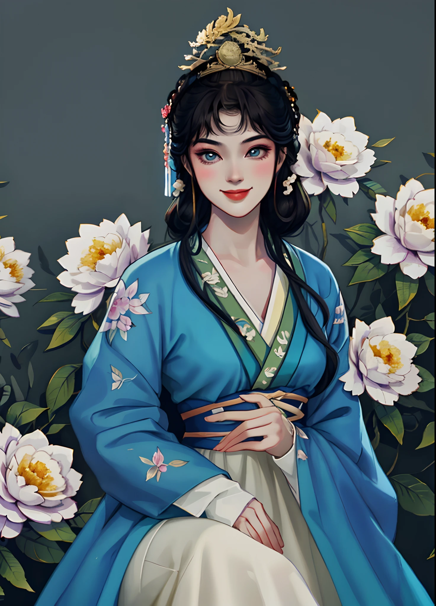 Movie Angle,(Cute girls,anatomy correct,full bodyesbian,Masterpiece camellia,Masterpiece Hanfu,ssmile),(illustratio,paper art,3Drenderingof),(plethora of colors,Best quality,high detal,tmasterpiece,Cinematic lighting effects,4K,Chiaroscuro)
