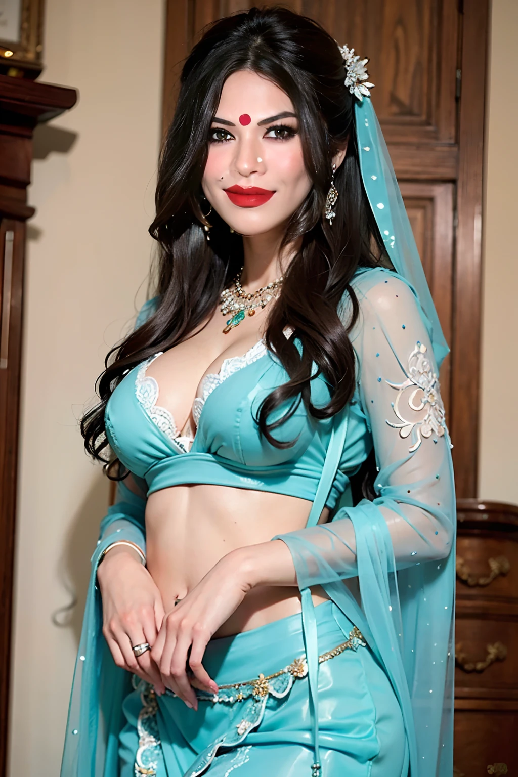 belly dancer, (Masterpiece: 2), (very detailed: 2), (beautiful: 2), matching skin tone, light green eyes, bikini, huge breast, deep cleavage, ornaments, sheer transparent harem,