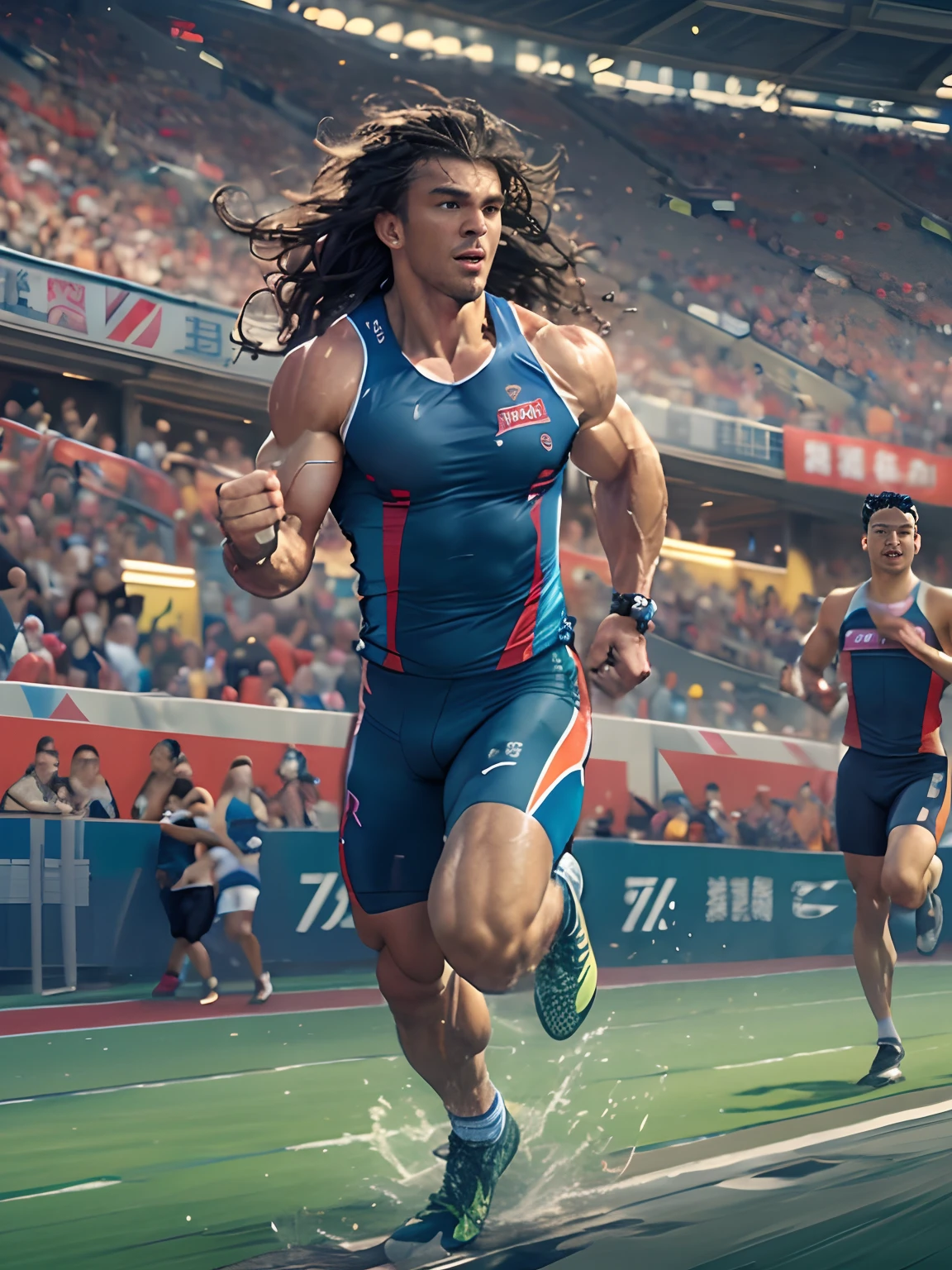 Strong athletes, Wear high-end sportswear,Long flowing curly hair, Detailed muscle physique, Lifelike depiction, Sprint to the finish line,drenched all over the body,4K 分辨率. The stadium was packed with cheering crowds,detailedbackground,32k ULTRAHD, Best quality, Masterpiece, Super detail, High details