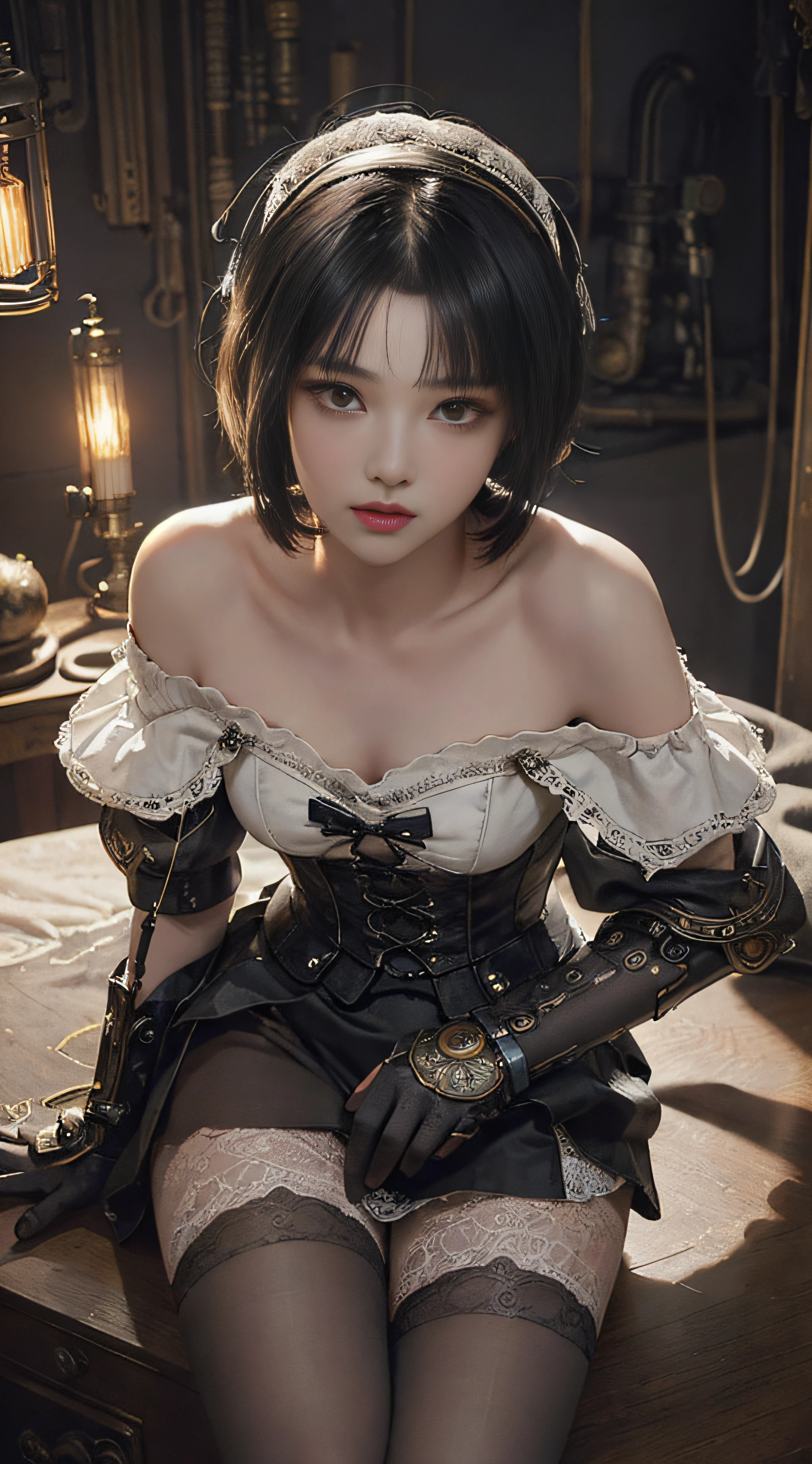 (((Masterpiece, top quality, super detailed))), One female, (((Very Slender body))) , (((Long, thin legs))), (((short black bob, thick puffy bangs ))), (((very detailed face))), cosmetics-free, small thin nose, small thin-lipped mouth, (((very sharp focused eyes))), large slit precision pale grey eyes, sparkling like jewels, Long eyelashes, ((Very decorative intricate mechanical steampunk fashion, Lace Flared mini skirt, Lace stockings above the knee, Lace Off-shoulder lolita fashion, Overly decorative fashion)), The night an abandoned, intricately mechanized steampunk factory burns and explodes, (((overall accuracy has improved dramatically, creating a super detailed and realistic image))), Super realistic photo.