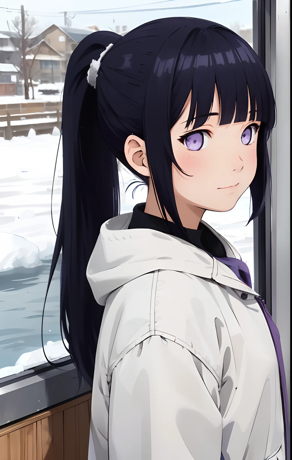 best quality, detailed background, a girl,sea, cafeteria, bird, snow, winter,Blunt Bangs, purple eyes, long dark blue hair, ponytail