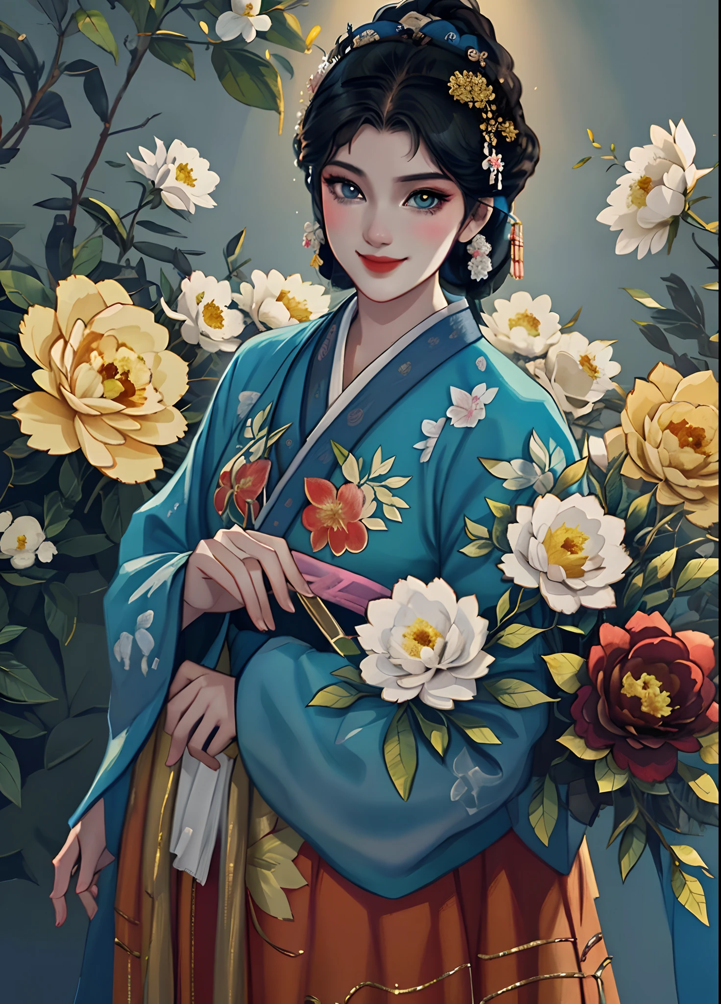 Movie Angle,(Cute girls,anatomy correct,full bodyesbian,Masterpiece camellia,Masterpiece Hanfu,ssmile),(illustratio,paper art,3Drenderingof),(plethora of colors,Best quality,high detal,tmasterpiece,Cinematic lighting effects,4K,Chiaroscuro)