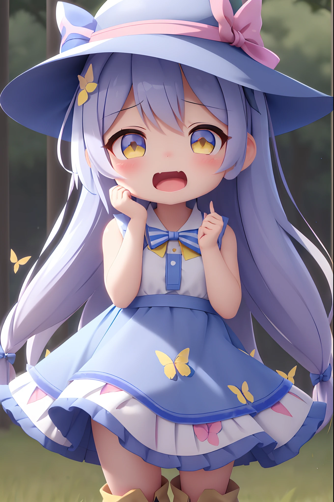 女の子1人、blue ribbons、florals、Windy, That's why I'm wearing a hat、Yawning face、Longer dress、length hair、bow ribbon、Sleeveless、a straw fedora hat、Eye Up、yellow eyes、Urban Park、butterflys々is flying、kawaii pose、I'm wearing cute boots、Stronger bokeh effect