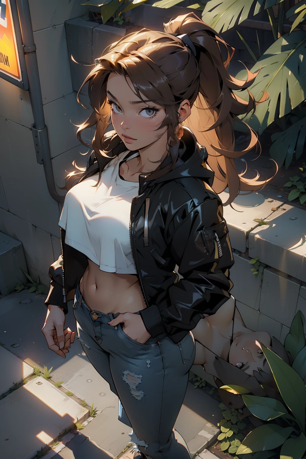 beautiful young woman, 4k, high quality, dynamic light, godrays, beautiful lighting, dynamic lighting and shadows, light through foliage, big breasts, highlights, shining skin, glowing lights, bright reflections, shimmering light reflections, street clothes, hat, long brown hair in ponytail, jacket, layers of clothing, urban wear, pants, hoodie, bomber jacket, black shirt, asian, navel exposed, looking up at viewer, viewer looking down, top down shot, looking up, viewed from above, perspective
