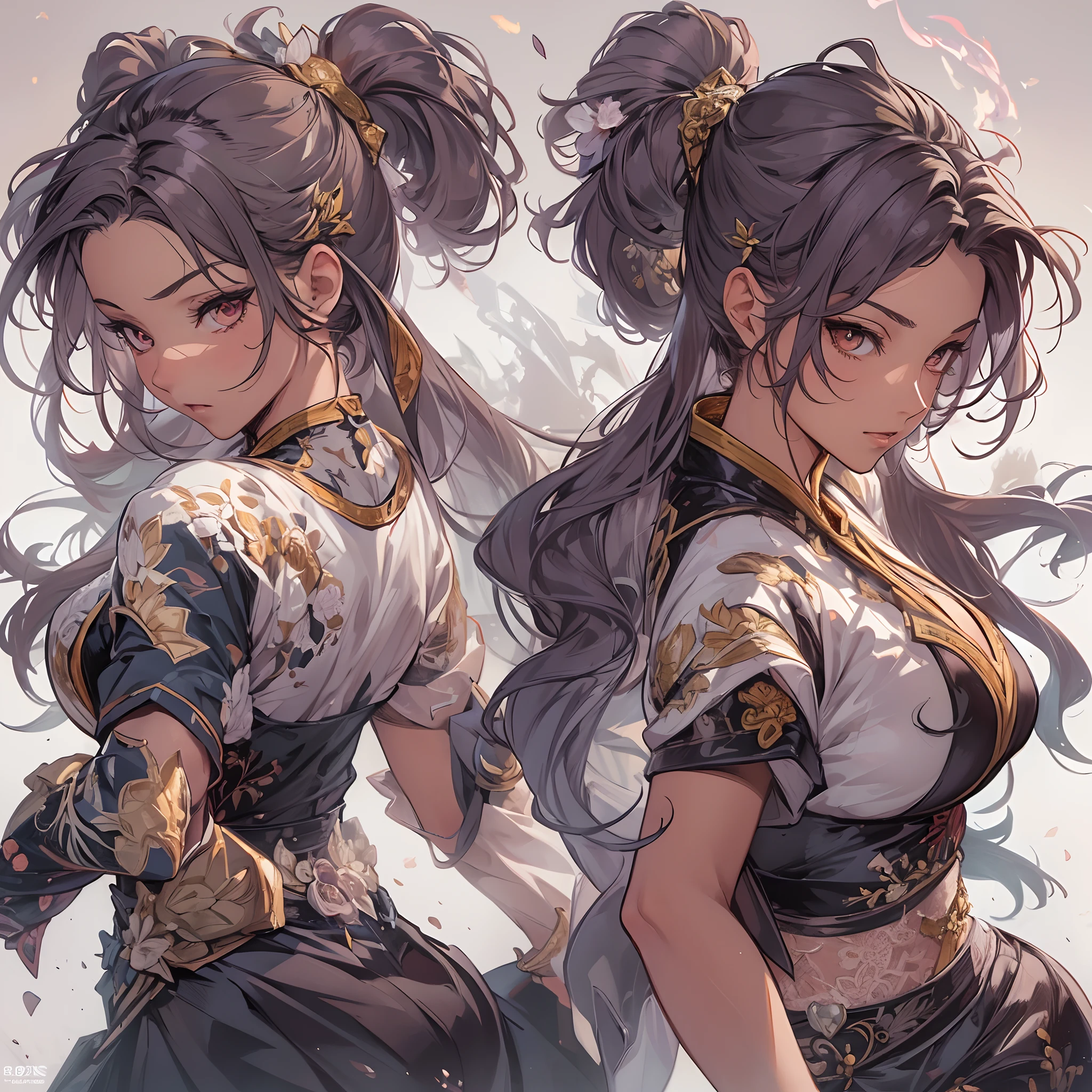 ((Masterpiece, Highest quality)), Detailed face, CharacterDesignSheet， full bodyesbian, Full of details, Multiple poses and expressions, Highly detailed, Depth, Many parts，Martial arts girl，double-ponytail，estilo fantasia，Extremely beautiful，High Balance, Natural light, Lace，lacepantyhose，Surrounded by flames