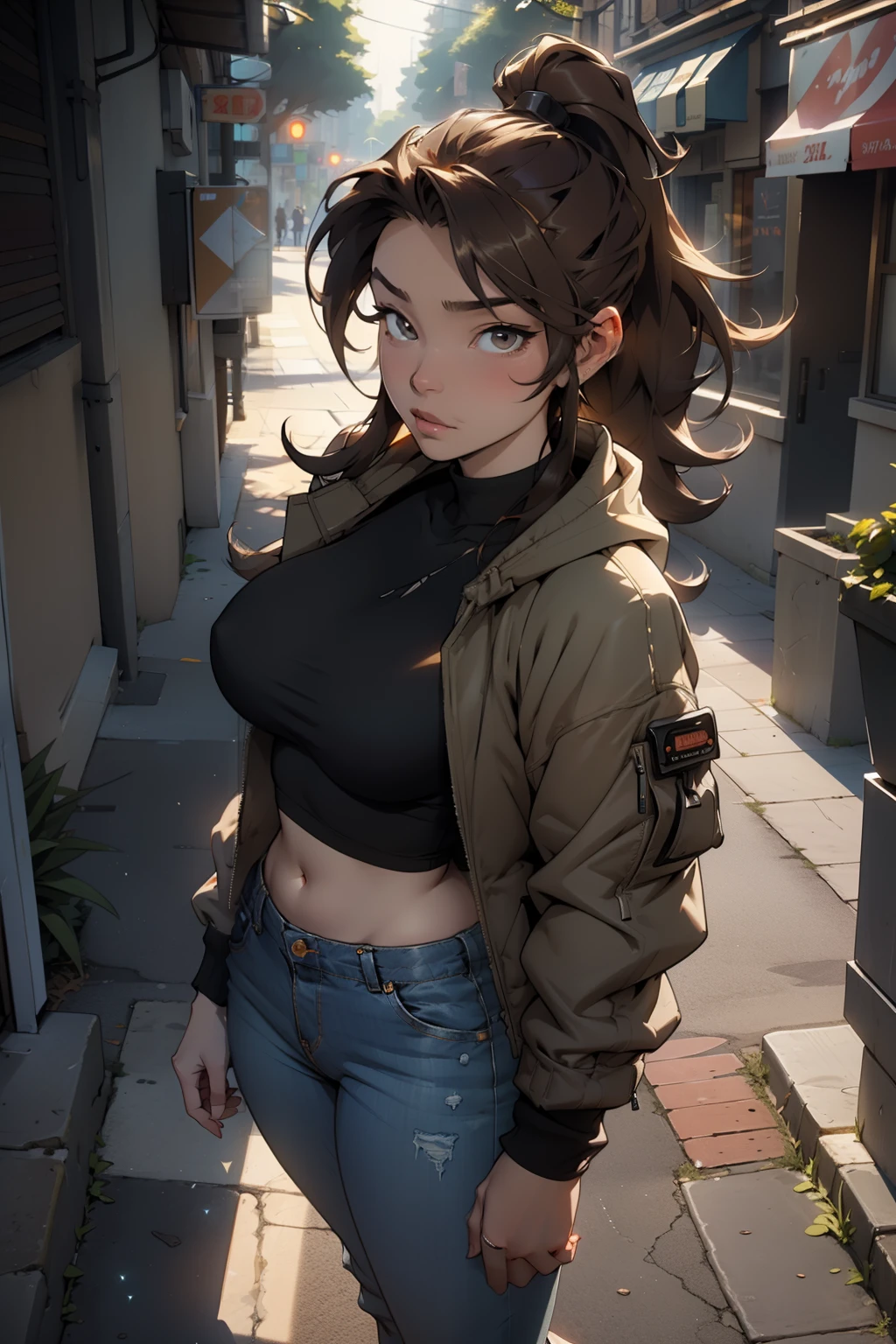 beautiful young woman, 4k, high quality, dynamic light, godrays, beautiful lighting, dynamic lighting and shadows, light through foliage, big breasts, highlights, shining skin, glowing lights, bright reflections, shimmering light reflections, street clothes, hat, long brown hair in ponytail, jacket, layers of clothing, urban wear, pants, hoodie, bomber jacket, black shirt, asian, navel exposed, looking up at viewer, viewer looking down, top down shot, looking up, viewed from above, perspective