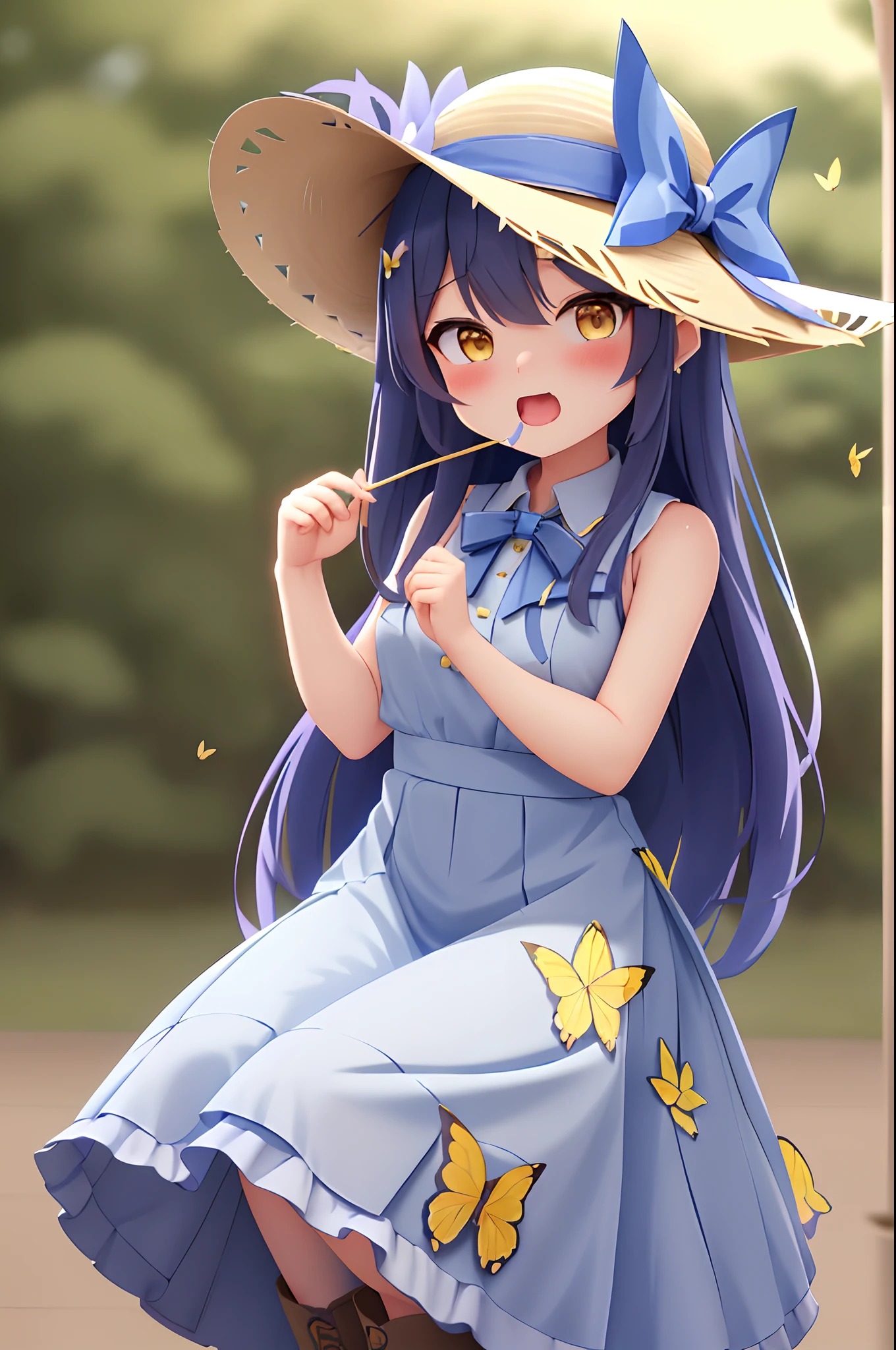 女の子1人、blue ribbons、florals、Windy, That's why I'm wearing a hat、Yawning face、Longer dress、length hair、bow ribbon、Sleeveless、a straw fedora hat、Eye Up、yellow  eyes、Urban Park、butterflys々is flying、kawaii pose、I'm wearing cute boots、Stronger bokeh effect
