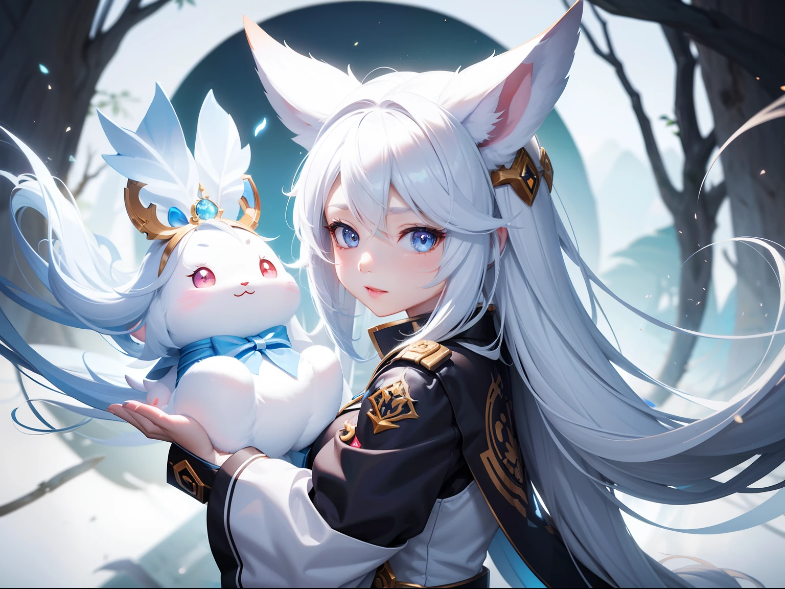 White-eared long-eared rabbit、I'm with a girl with long blue hair and a chibi character。It is a sexy and cute costume in white and blue。Dark eyes。Adorable Digital Painting, cute detailed digital art, the squirrel king, Cute digital art, cute cartoon characters, cute character, CuteCreatures, Cutie, official illustrations, Official art, squirrel, maplestory mouse, astri lohne, cute 3d render