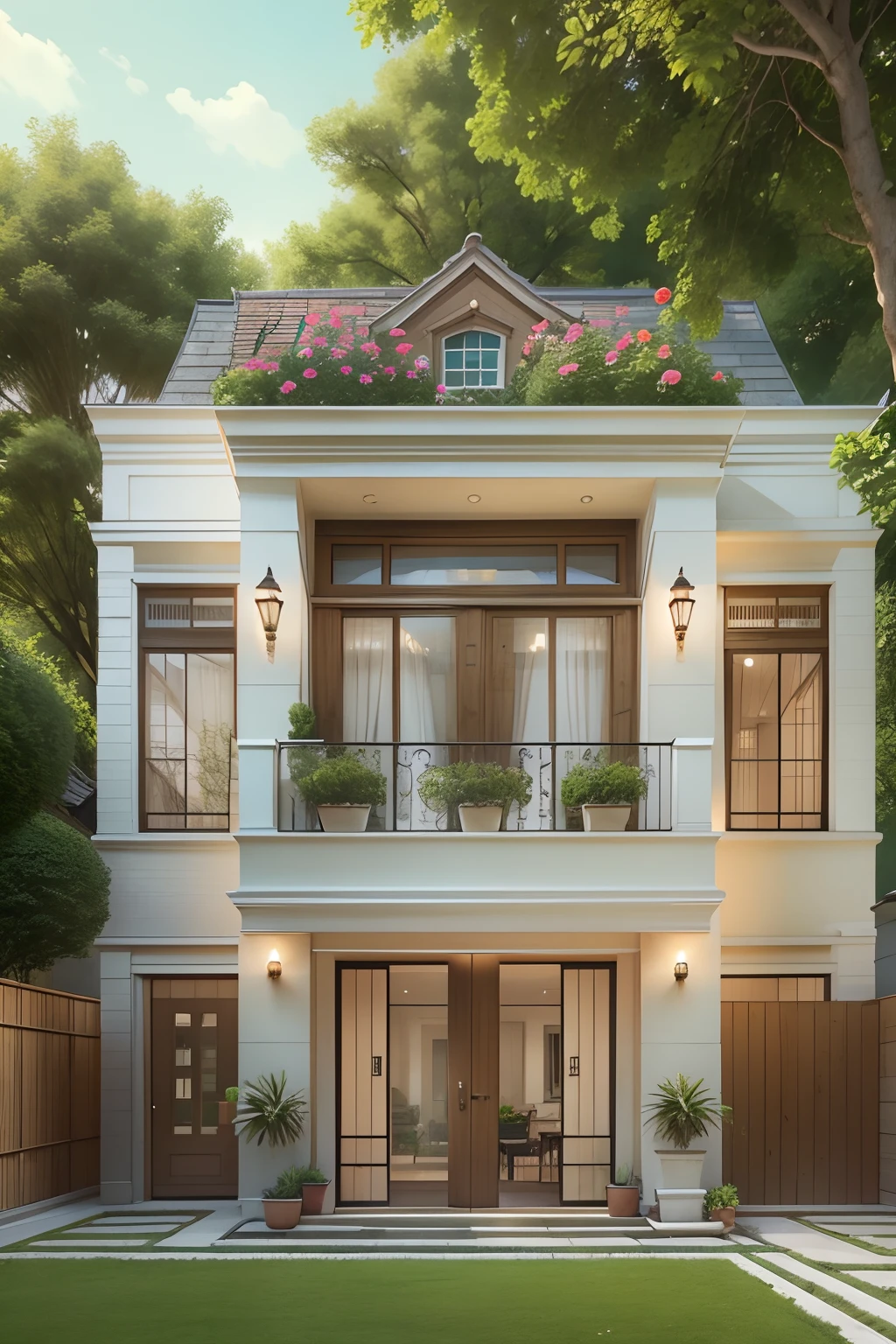 Rendering a classic 2-storey house with a land area of 10x30 meters. The house's facade is designed symmetrically, using traditional materials such as brick, stone, and wood. Sophisticated and sophisticated decorative details. The main colors are white, yellow, brown. The garden is spacious and airy, designed with many trees and flowers. There is a swimming pool and aquarium.