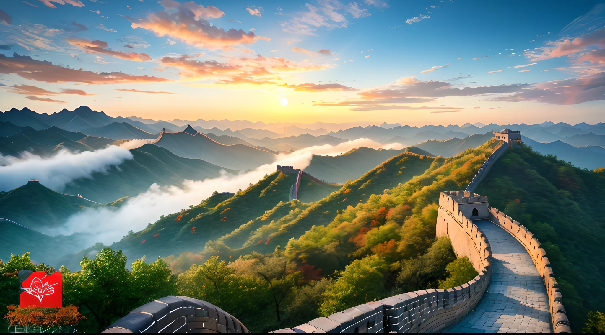 (Digital Painting), (Best Quality), Beijing, Majestic Great Wall, Cloudy Mist, Best Quality, Masterpiece, High Painting, Ink Bisim, Wuchang Shuo, Bonian, Zhenbanqiao, Badarshan Man, Mountain Horizon, River, Forest, Village, Sunset, Popular Deviant Art, Ultra-realistic 8K, Soft Colors, Soft Lighting, Golden Hour, Calm Atmosphere, Horizontal