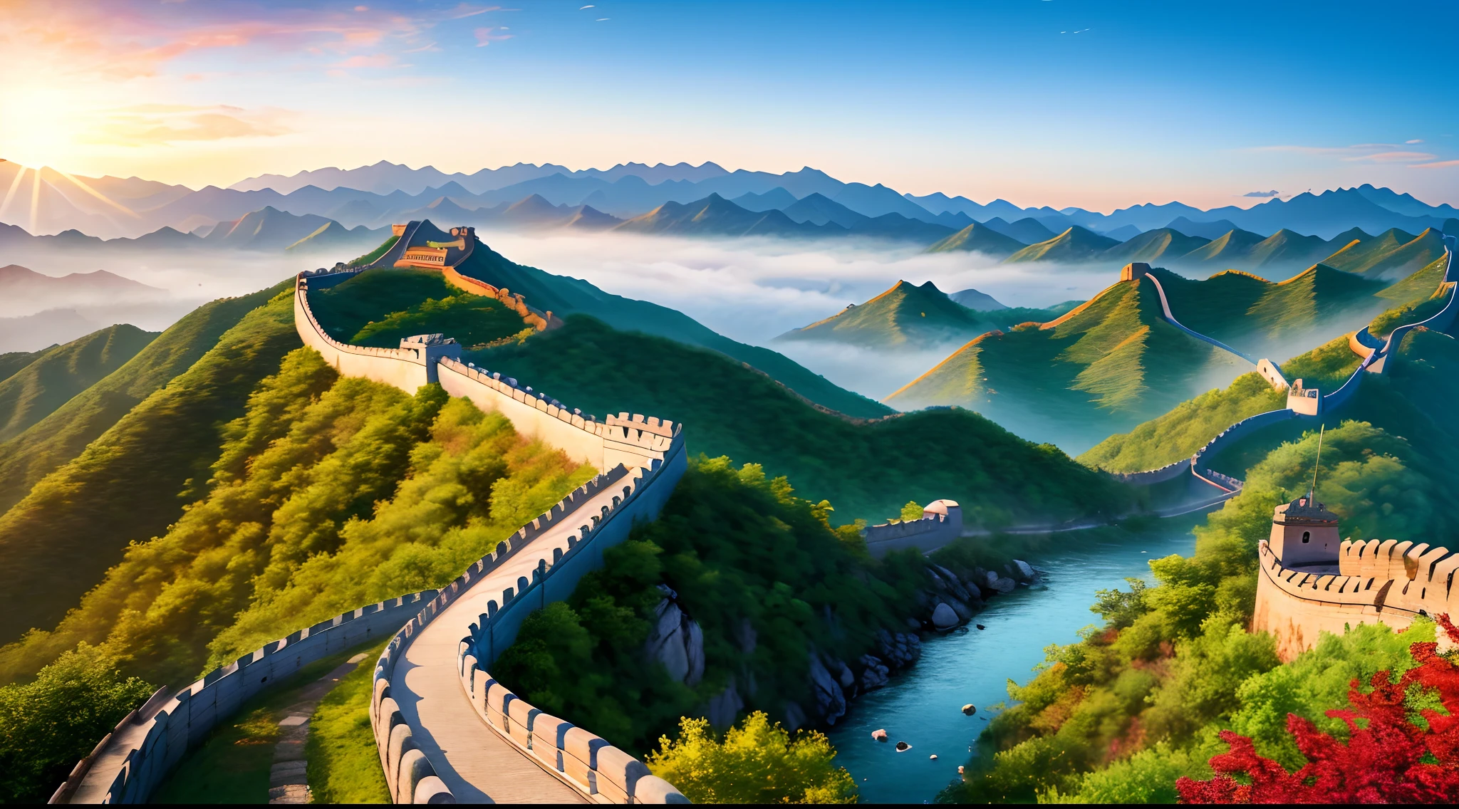 (Digital Painting), (Best Quality), Beijing, Majestic Great Wall, Cloudy Mist, Best Quality, Masterpiece, High Painting, Ink Bisim, Wuchang Shuo, Bonian, Zhenbanqiao, Badarshan Man, Mountain Horizon, River, Forest, Village, Sunset, Popular Deviant Art, Ultra-realistic 8K, Soft Colors, Soft Lighting, Golden Hour, Calm Atmosphere, Horizontal