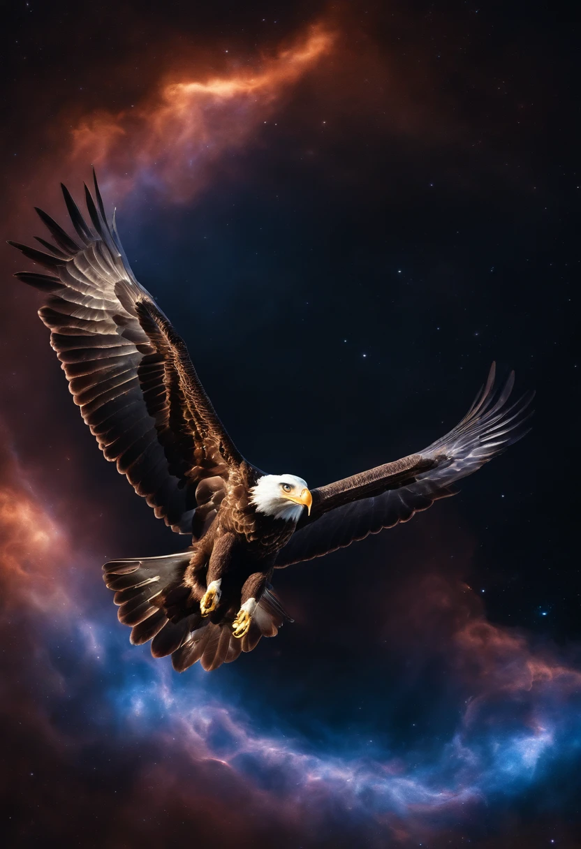 Photo in the shape of an eagle, intergalactic, spiral, Outer space, nebulas, stele, Smoke billows, iridescent, intricate detailes, Octane Rendering, 8K Hyperrealistic, Realistic texture, Unreal Natural Lighting Engine, cinestill 800, (35mm spring)