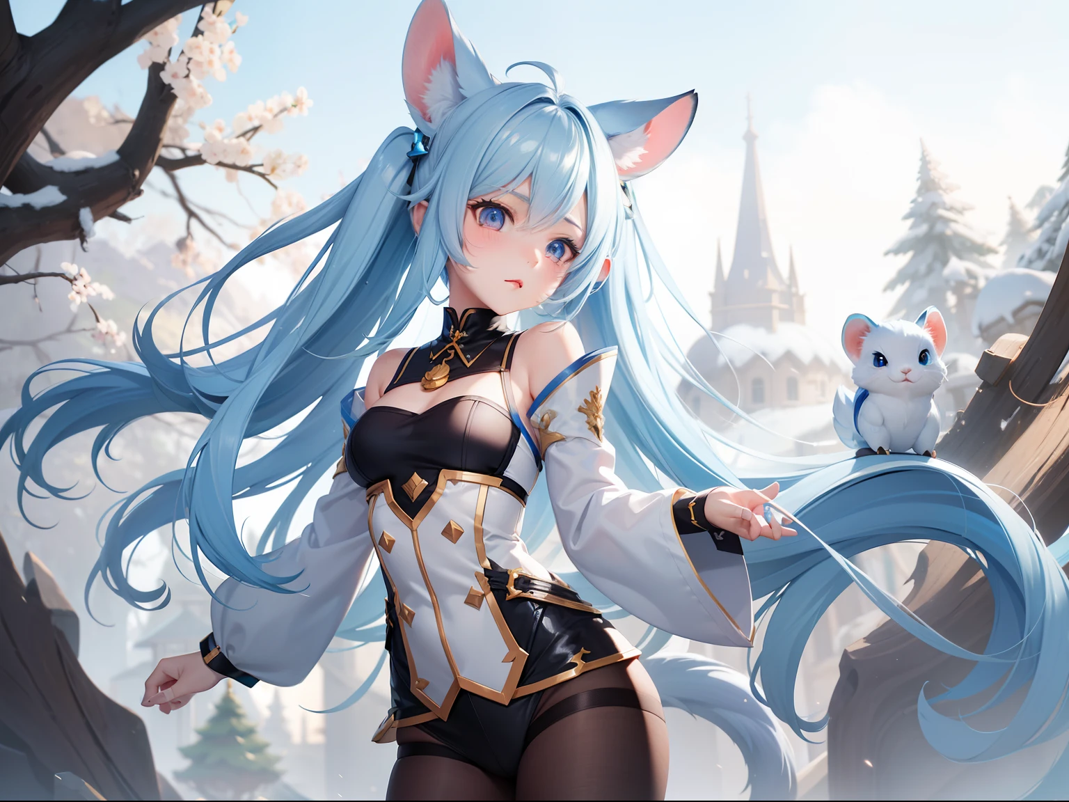 in woods、White-eared long-eared rabbit、I'm with a girl with long blue hair and a chibi character。It is a sexy and cute outfit in white and blue。Dark eyes。Adorable Digital Painting, cute detailed digital art, the squirrel king, Cute digital art, cute cartoon characters, cute character, CuteCreatures, Cutie, official illustrations, Official art, maplestory mouse, astri lohne,  cute 3d render