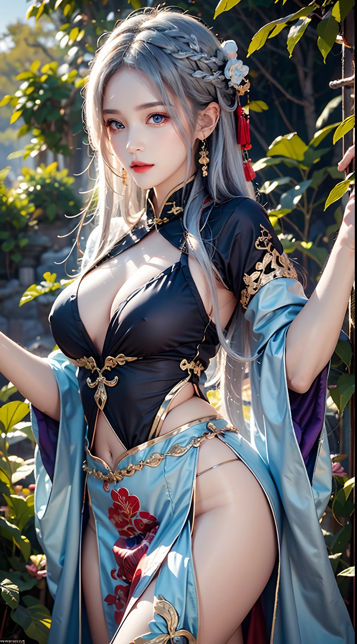 photorealistic, masterpiece, high resolution, soft light, mature female, silver hair, blue eyes, hips up, jewelry, xianxia, gorgeous purple hanfu, headdress