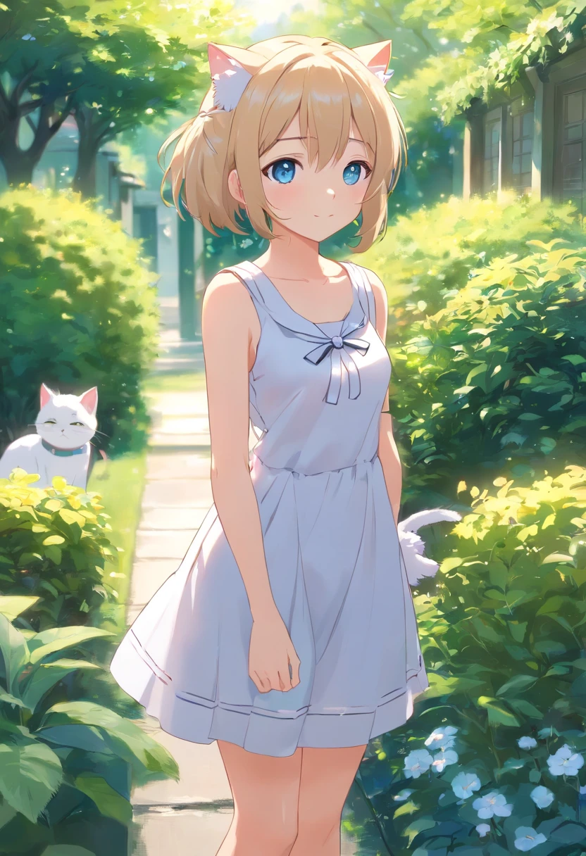 Cat-eared girl in white dress standing in garden, BREAK，silber hair，e Blue Eyes，(((Sleeveless)))，Hang the laundry out to dry，loli in dress, small curvy loli, Guviz-style artwork, Guweiz in Pixiv ArtStation,  Guviz, small loli girl, soft anime illustration, Anime visuals of cute girls, Detailed Digital ，Heteropupil