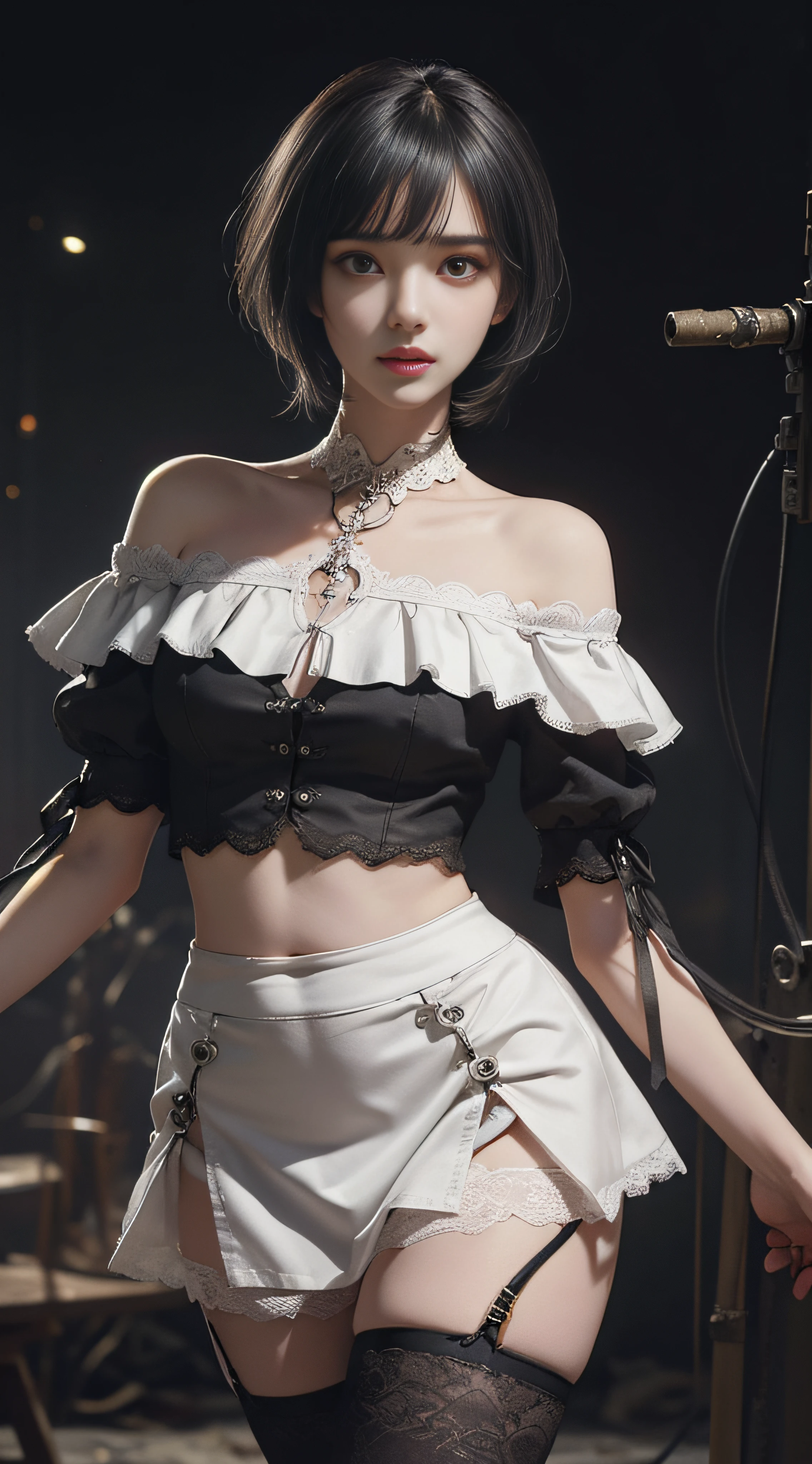 (((Masterpiece, top quality, super detailed))), One female, (((Very Slender body))) , (((Long, thin legs))), (((short black bob, thick puffy bangs ))), (((very detailed face))), cosmetics-free, small thin nose, small thin-lipped mouth, (((very sharp focused eyes))), large slit precision pale grey eyes, sparkling like jewels, Long eyelashes, ((Very decorative intricate mechanical steampunk fashion, Lace Flared mini skirt, Lace stockings above the knee, Lace Off-shoulder ta fashion, Overly decorative fashion)), The night an abandoned, intricately mechanized steampunk factory burns and explodes, (((overall accuracy has improved dramatically, creating a super detailed and realistic image))), Super realistic photo.