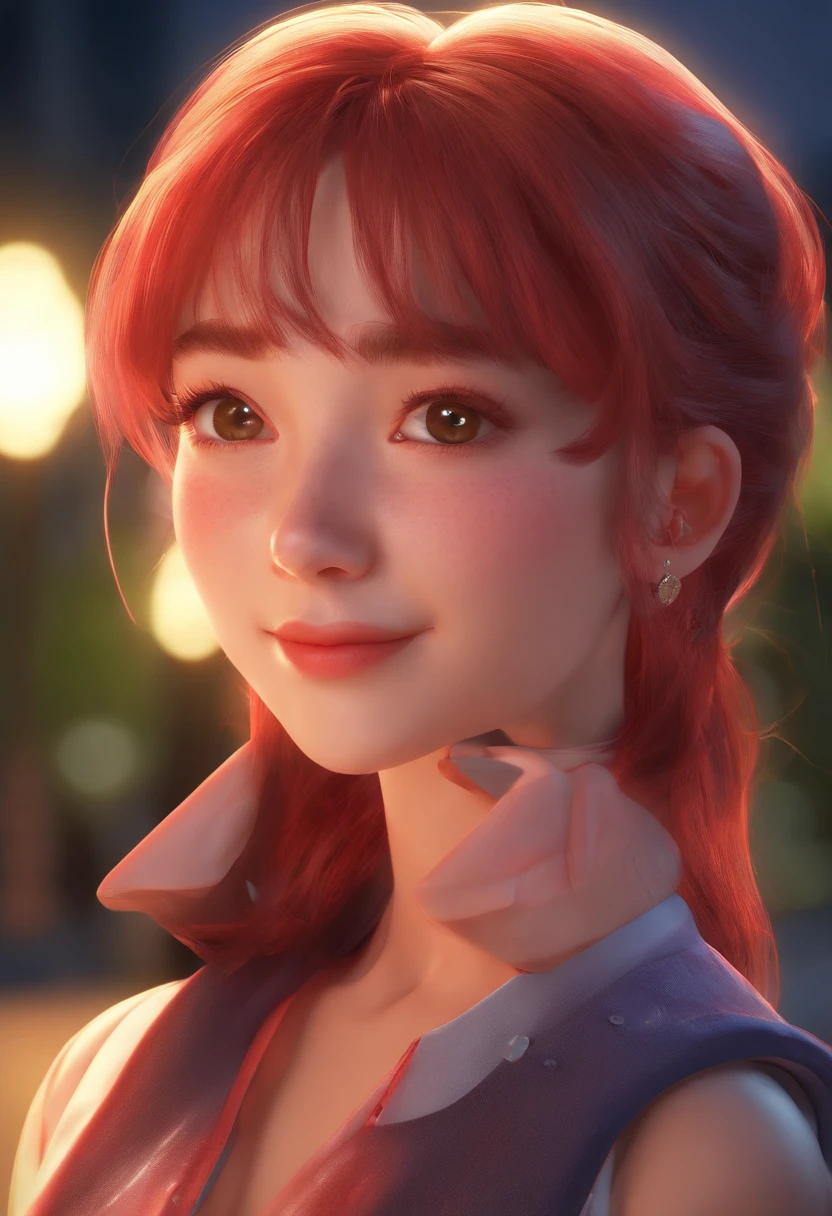 best quality, ultra high res, 1girl, solo, bareface, glowing eyes, red eyes, red hair, smile, sleeveless red button shirt, night, in the park, ((upper body)), ((puffy eyes)), (((looking at viewer))), ((closeup)),