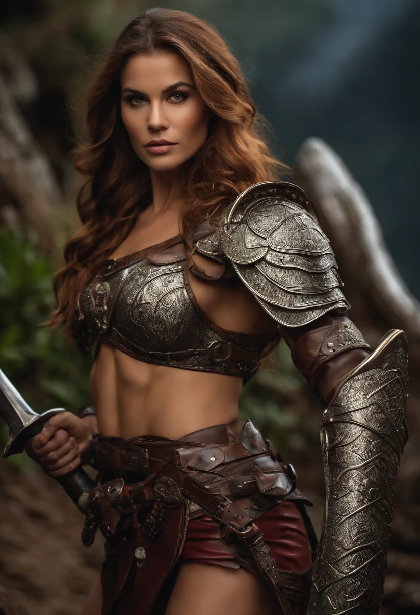 (best quality, 8k, 32k, master part, UHD:1.2),fantasia,Beautiful woman,guerreiro,Bikini armor exposed,sorrir,coxa,Sonja Vermelha de corpo inteiro, muito sexy e musculosa, com armadura peitoral bem detalhada, capa de pele de animal, cintura de couro adornada com detalhes de metal, caneleiras de metal bem detalhadas com botas de couro, leather gloves and animal skin, holding an imposing axe in his right hand and over his shoulder;.