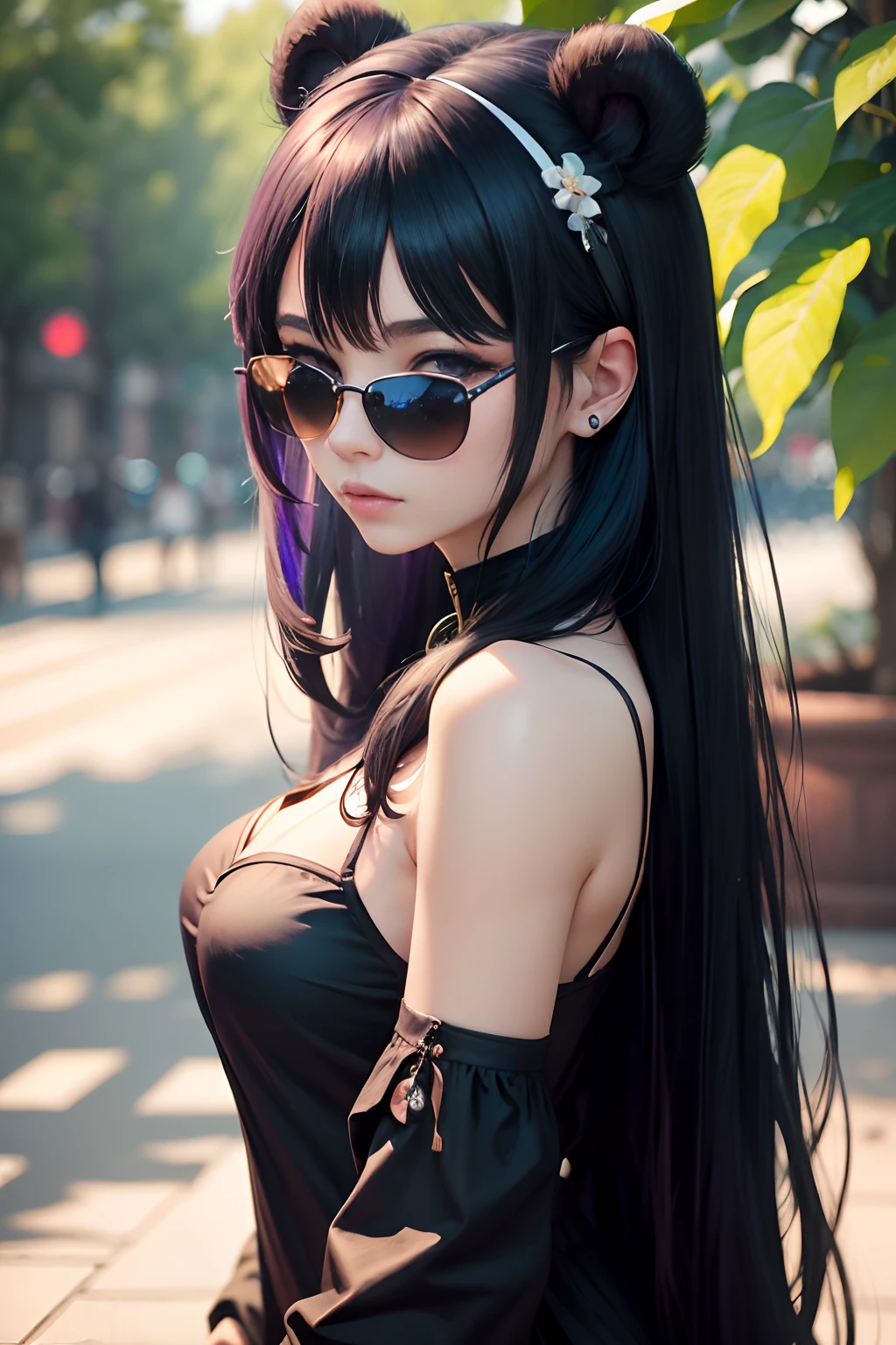 Solo, (((Masterpiece, Best quality))) ,  (From the side Side:0.95), black shadows_plum, Li Dousha, Panda_hor ears, bangs, Bare_bshoulders, Blue_Eyes, eye glass_On_Head, Hair_between_Eyes, Long_Hair,  sunglasses, Very_Long_Hair, 1girll, [White hair, Striped hair, Blue hair],