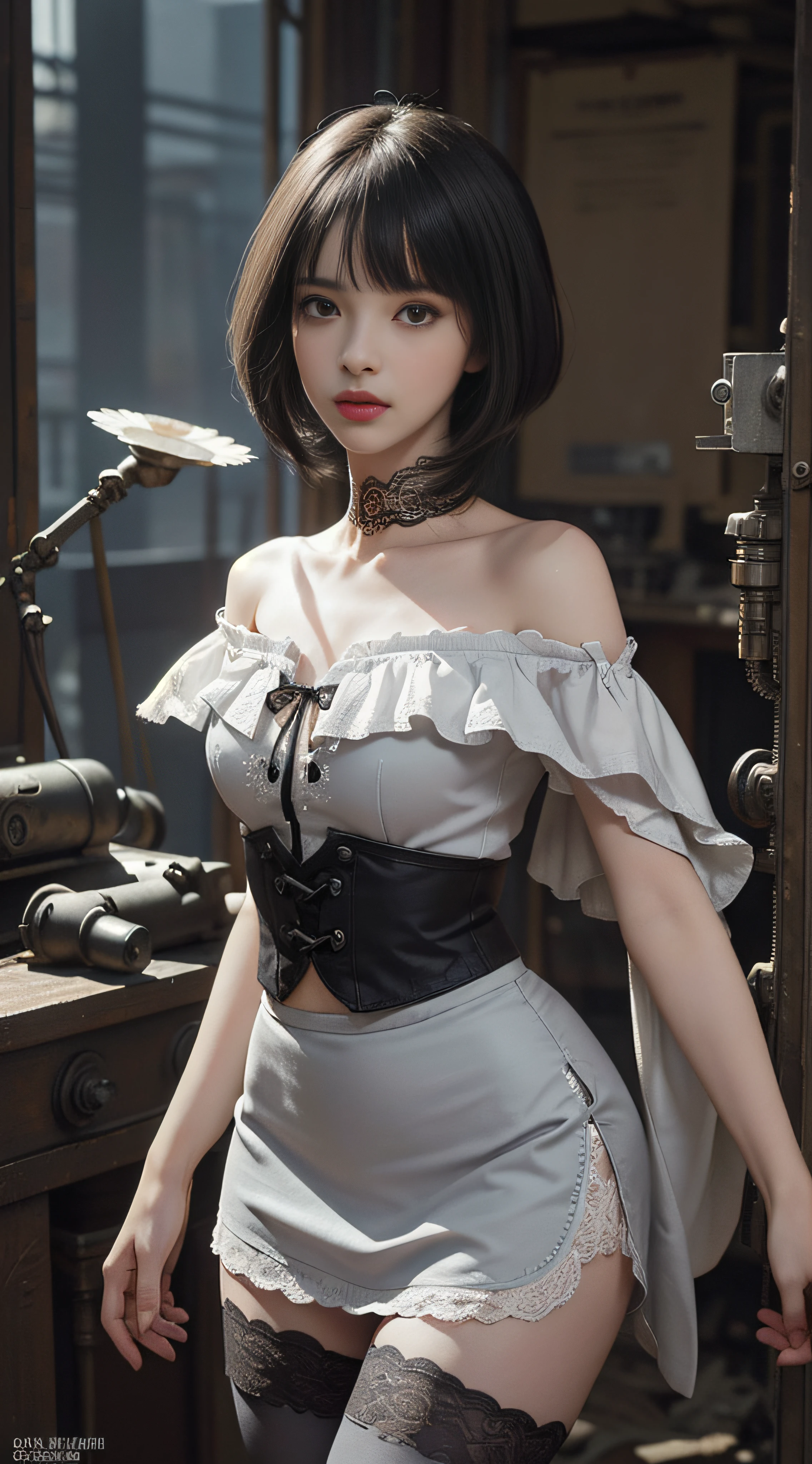 (((Masterpiece, top quality, super detailed))), One female, (((Very Slender body))) , (((Long, thin legs))), (((short black bob, thick puffy bangs ))), (((very detailed face))), cosmetics-free, small thin nose, small thin-lipped mouth, (((very sharp focused eyes))), large slit precision pale grey eyes, sparkling like jewels, Long eyelashes, ((Very decorative intricate mechanical steampunk fashion, Lace Flared mini skirt, Lace stockings above the knee, Lace Off-shoulder ta fashion, Overly decorative fashion)), The night an abandoned, intricately mechanized steampunk factory burns and explodes, (((overall accuracy has improved dramatically, creating a super detailed and realistic image))), Super realistic photo.