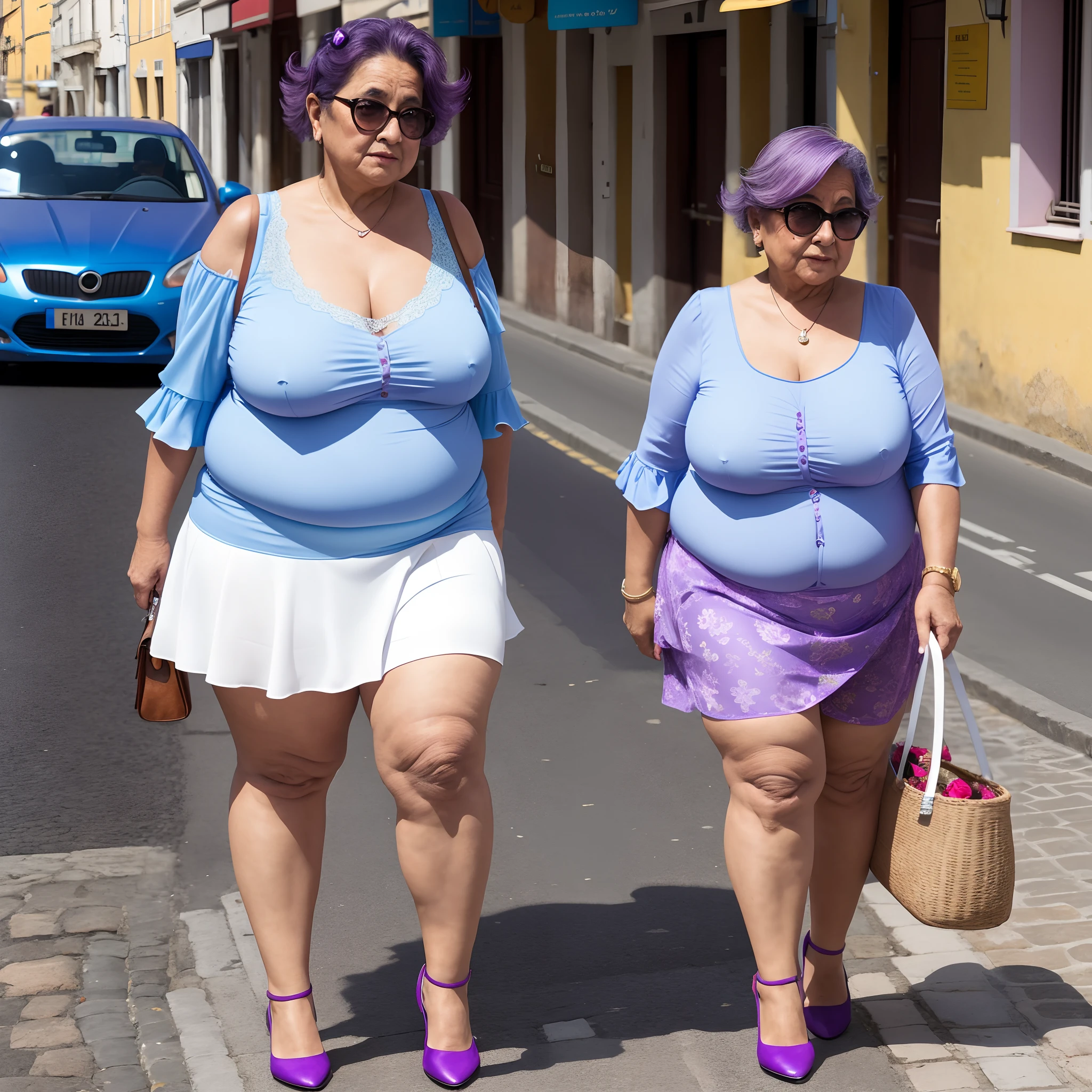 Sexy lingerie ultra realistic full body 49 year old Neapolitan lady with dark complexion, flabby skin on her legs, fat legs and very ugly face, with purple hair, dressed in light blue with a very short skirt, wears light blue shoes with long heels, has a white handbag over her shoulder and stroll along the seafront street in Naples at the foot of the Vesuvius volcano. you see cars with NA plates moving on a beautiful sunny day. --ar 9:16 -