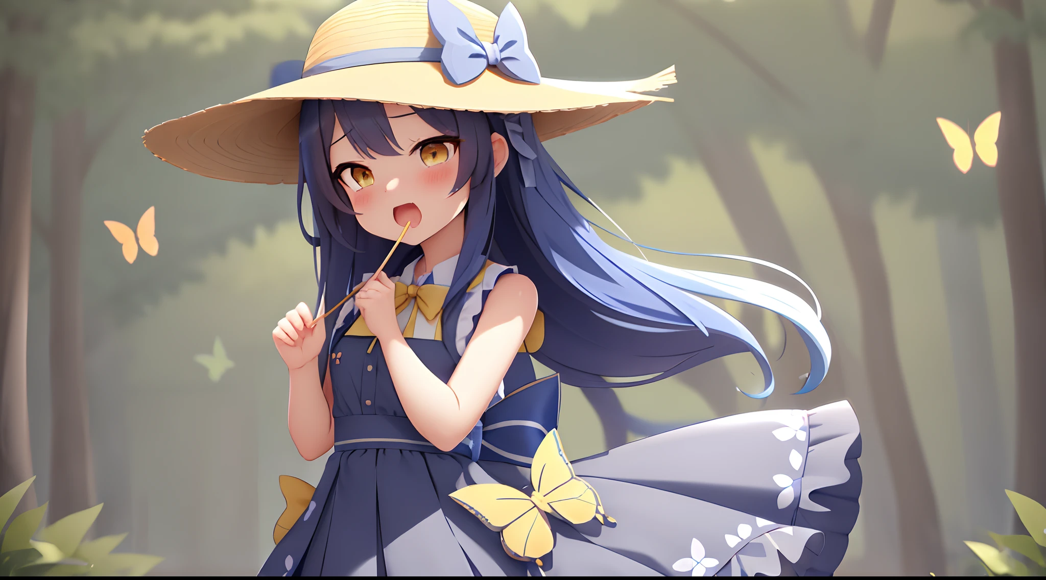 女の子1人、blue ribbons、florals、Windy, That's why I'm wearing a hat、Yawning face、Longer dress、length hair、bow ribbon、Sleeveless、a straw fedora hat、Eye Up、yellow  eyes、Urban Park、butterflys々is flying、kawaii pose、I'm wearing cute boots、Stronger bokeh effect