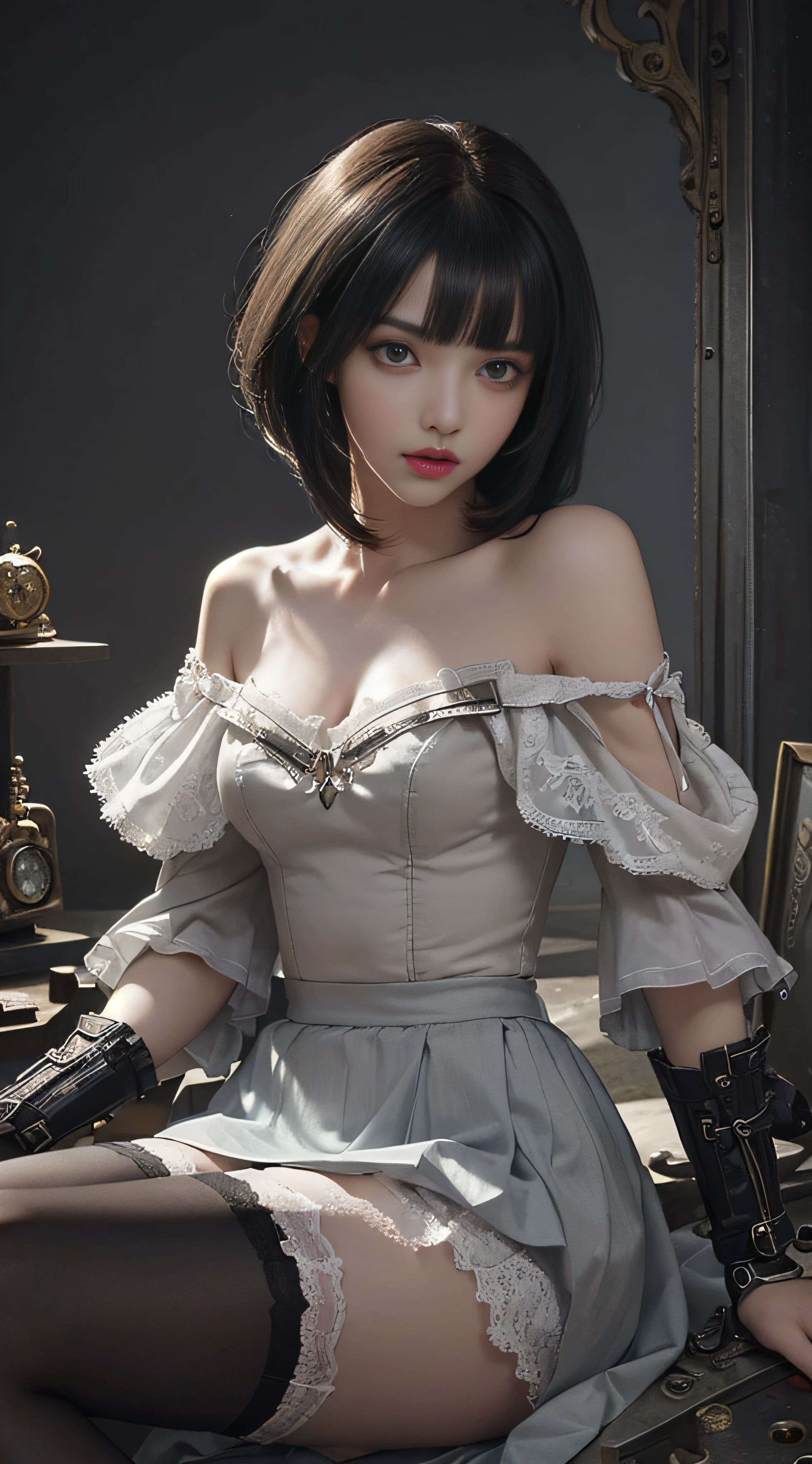 (((Masterpiece, top quality, super detailed))), One female, (((Very Slender body))) , (((Long, thin legs))), (((short black bob, thick puffy bangs ))), (((very detailed face))), cosmetics-free, small thin nose, small thin-lipped mouth, (((very sharp focused eyes))), large slit precision pale grey eyes, sparkling like jewels, Long eyelashes, ((Very decorative intricate mechanical steampunk fashion, Lace Flared mini skirt, Lace stockings above the knee, Lace Off-shoulder ta fashion, Overly decorative fashion)), The night an abandoned, intricately mechanized steampunk factory burns and explodes, (((overall accuracy has improved dramatically, creating a super detailed and realistic image))), Super realistic photo.