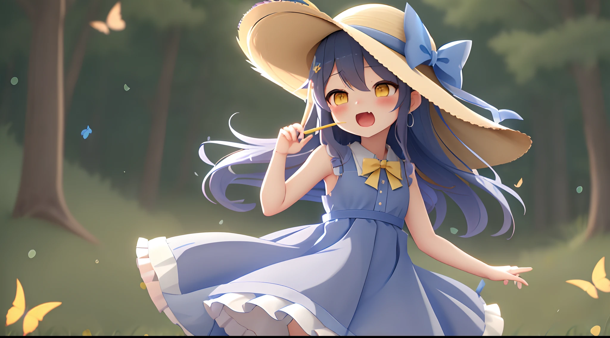 女の子1人、blue ribbons、florals、Windy, That's why I'm wearing a hat、Yawning face、Longer dress、length hair、bow ribbon、Sleeveless、a straw fedora hat、Eye Up、yellow eyes、Urban Park、butterflys々is flying、kawaii pose、I'm wearing cute boots、Stronger bokeh effect