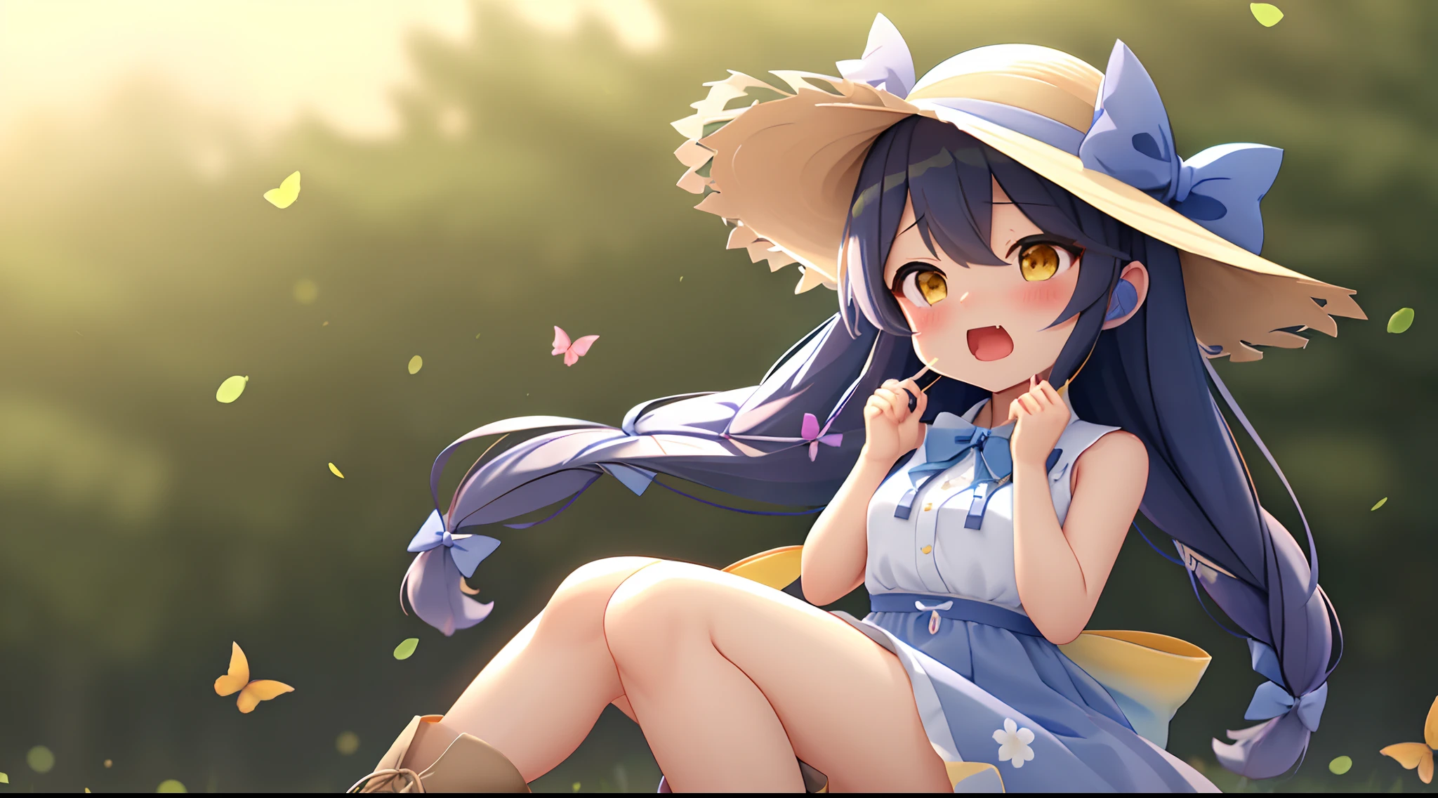 1人、blue ribbons、florals、Windy, That's why I'm wearing a hat、Yawning face、Longer dress、length hair、bow ribbon、Sleeveless、a straw fedora hat、Eye Up、yellow eyes、Urban Park、butterflys々is flying、kawaii pose、I'm wearing cute boots、Stronger bokeh effect