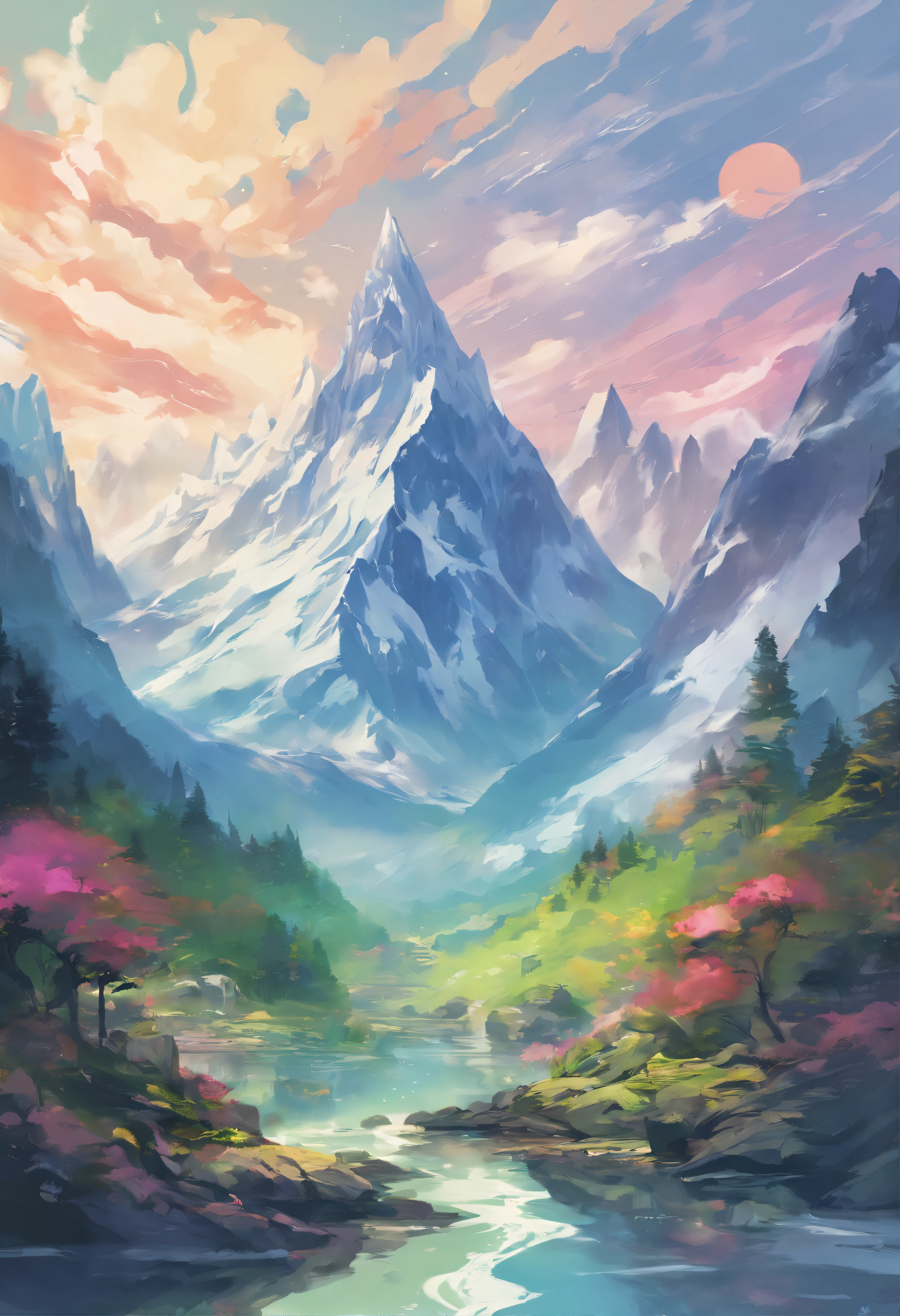 Snow-capped mountains flutter and clouds entwin,The Wancheng Glacier towers into the sky。Green Snow Peak draped in streamers,The blue lake is reflected on the top of the mountain。The five colors of the sunny sky are shining,The night and moon are dyed and sleeping。The primeval forest is lush and verdant,Highland meadows are full of flowers。