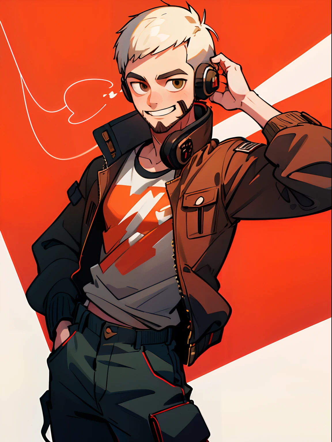 (1 boy), (alone), ( adult), white skin, brown buzzcut hair, brazilian juliete sunglasses, headphones around neck, happy face, ginger full beard, black cargo pants, red jacket, white t-shirt, ((high quality)), ((very detailed))