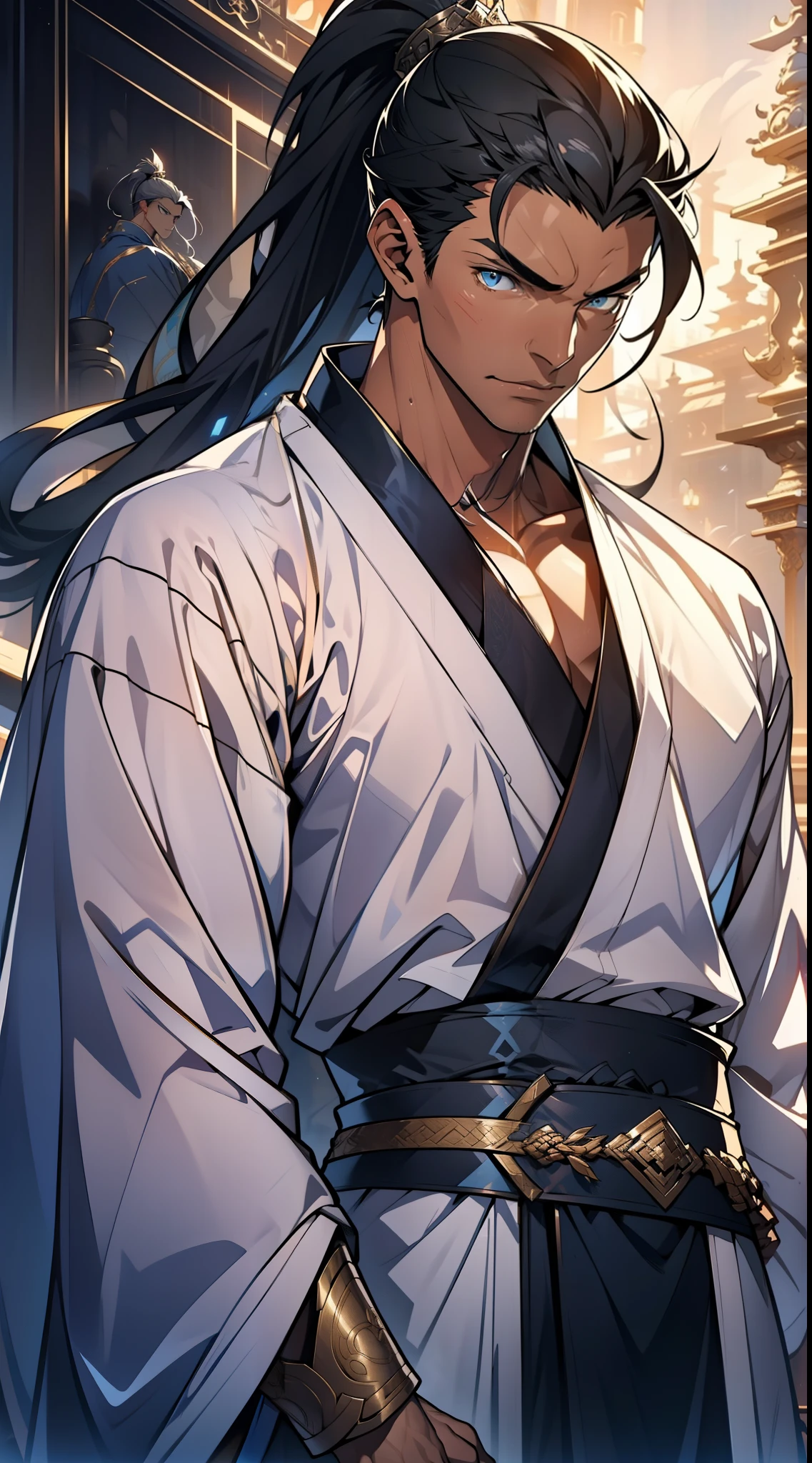 quadratic element,style of anime,mtu(Male Warrior),The proportions are correct,Face details,swordsmen,High ponytail hairstyle,Neck details,There is an Adam's apple,White robe,kaftan,long white robe,clothes details,Handing over,longer sleeves,Game quality,Swordsmanship,Light and shadow tracking,Ray traching,detailed glow,cg render,hair detail,cabelos preto e longos,blue colored eyes,Handsome,Handsome,(juvenile sense),Clothing is complicated,Perfectcomposition,Refinement,high qulity,higher details,Lots of details,The background is complex,a sense of atmosphere,