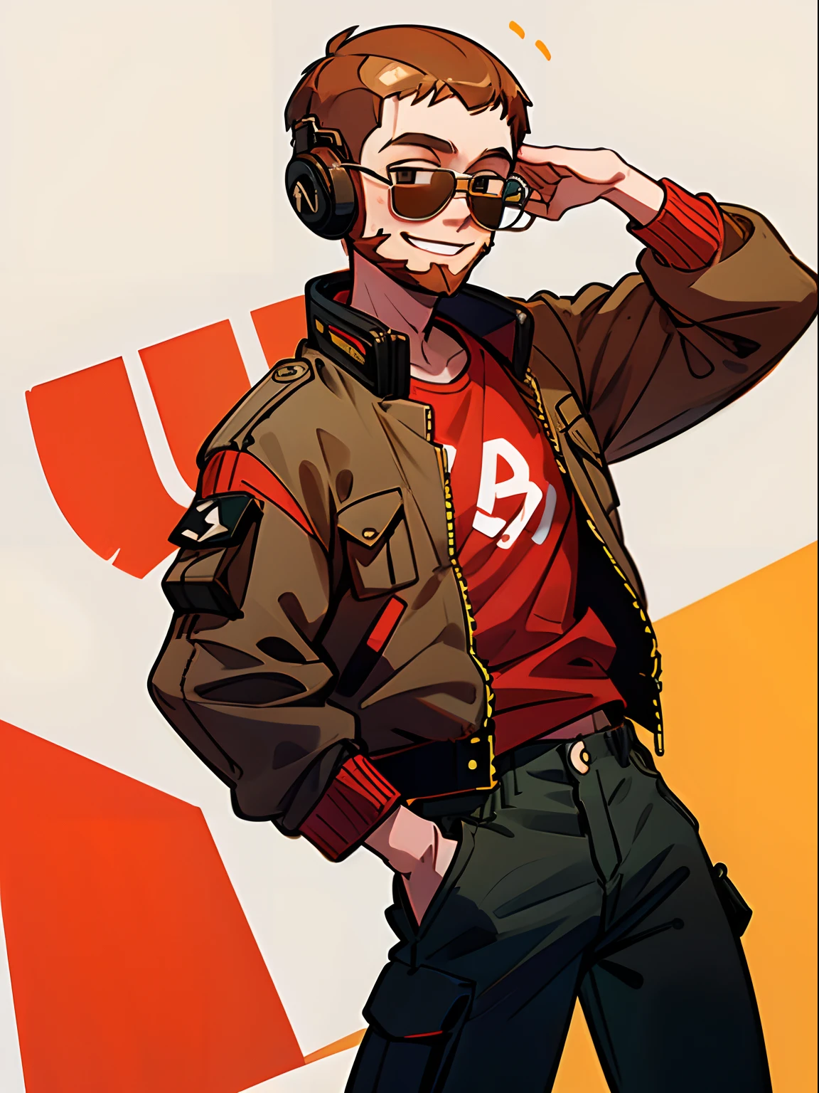 (1 boy), (alone), (young adult), white skin, brown buzzcut hair, brazilian juliete sunglasses, headphones around neck, happy face, ginger full beard, black cargo pants, red jacket, white t-shirt, ((high quality)), ((very detailed))